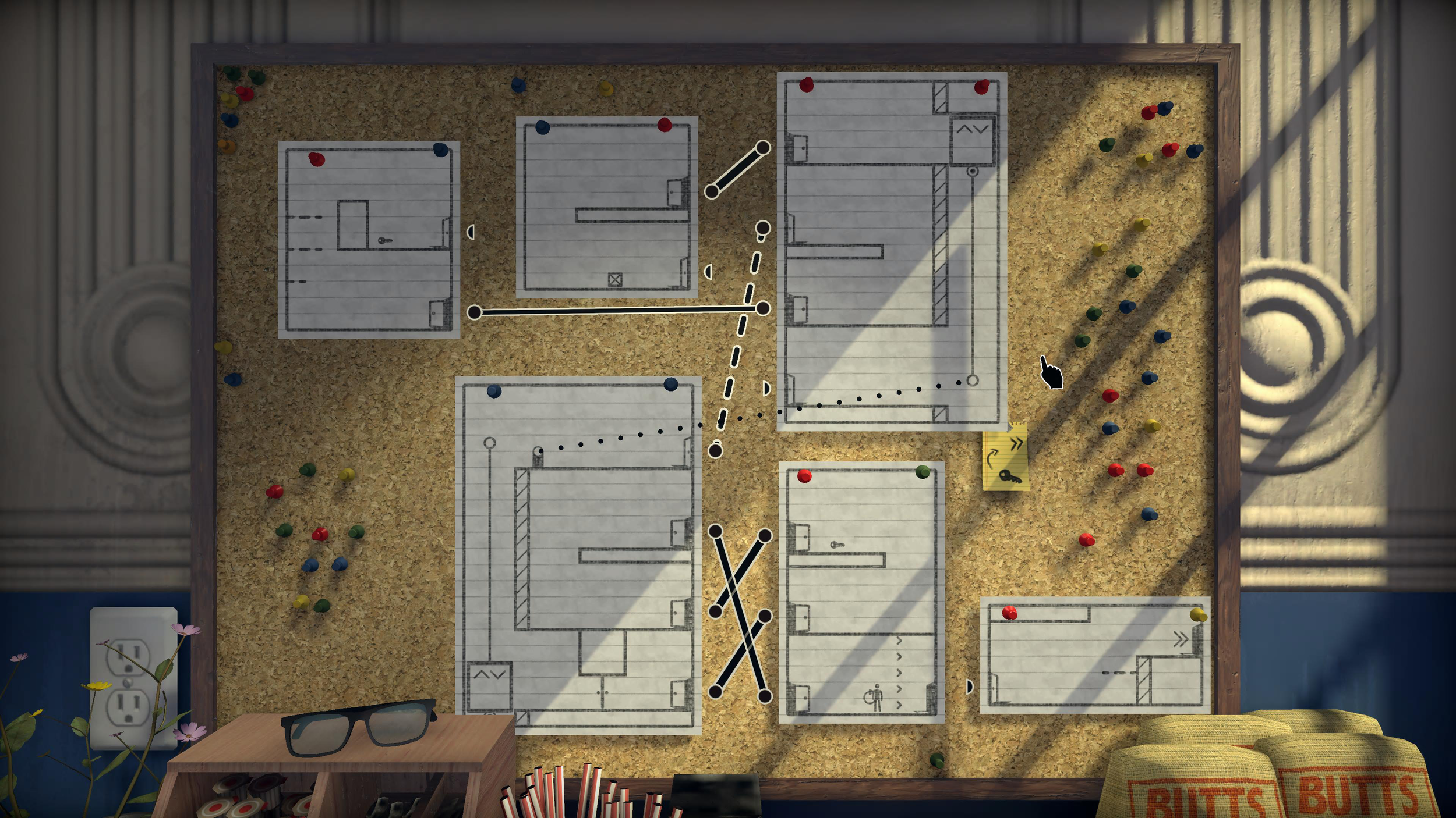 A screenshot of the game from the Press Kit. Shows a cork board with papers stuck to it and lines connecting the papers.
