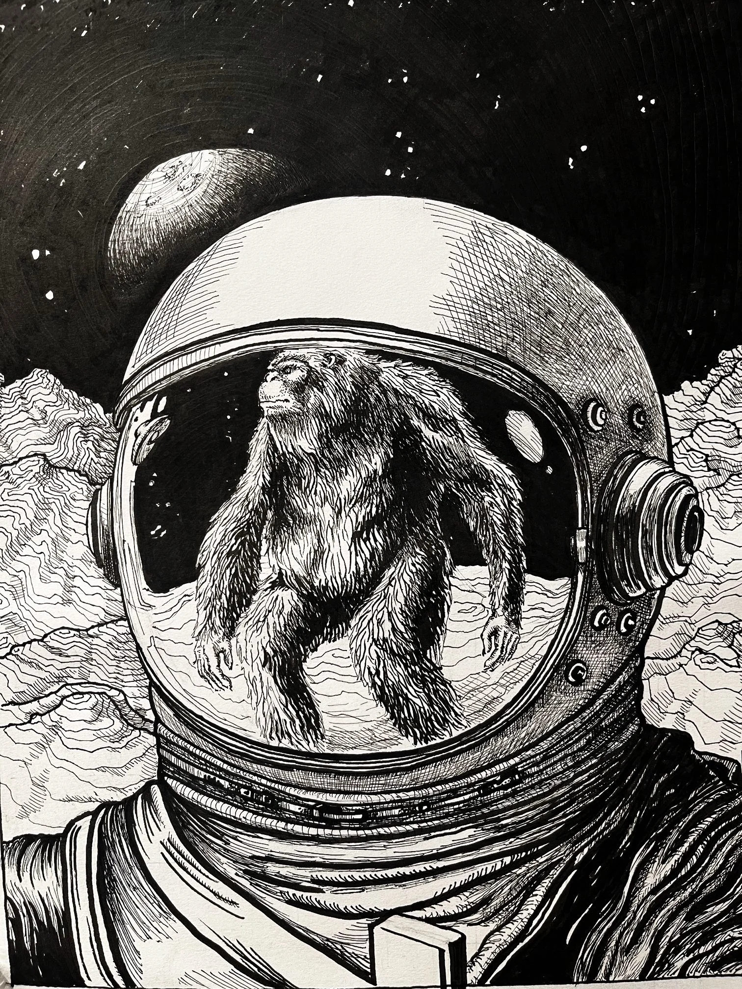 "Spacesquatch" 
Ink on Paper 
by Blake Lasley