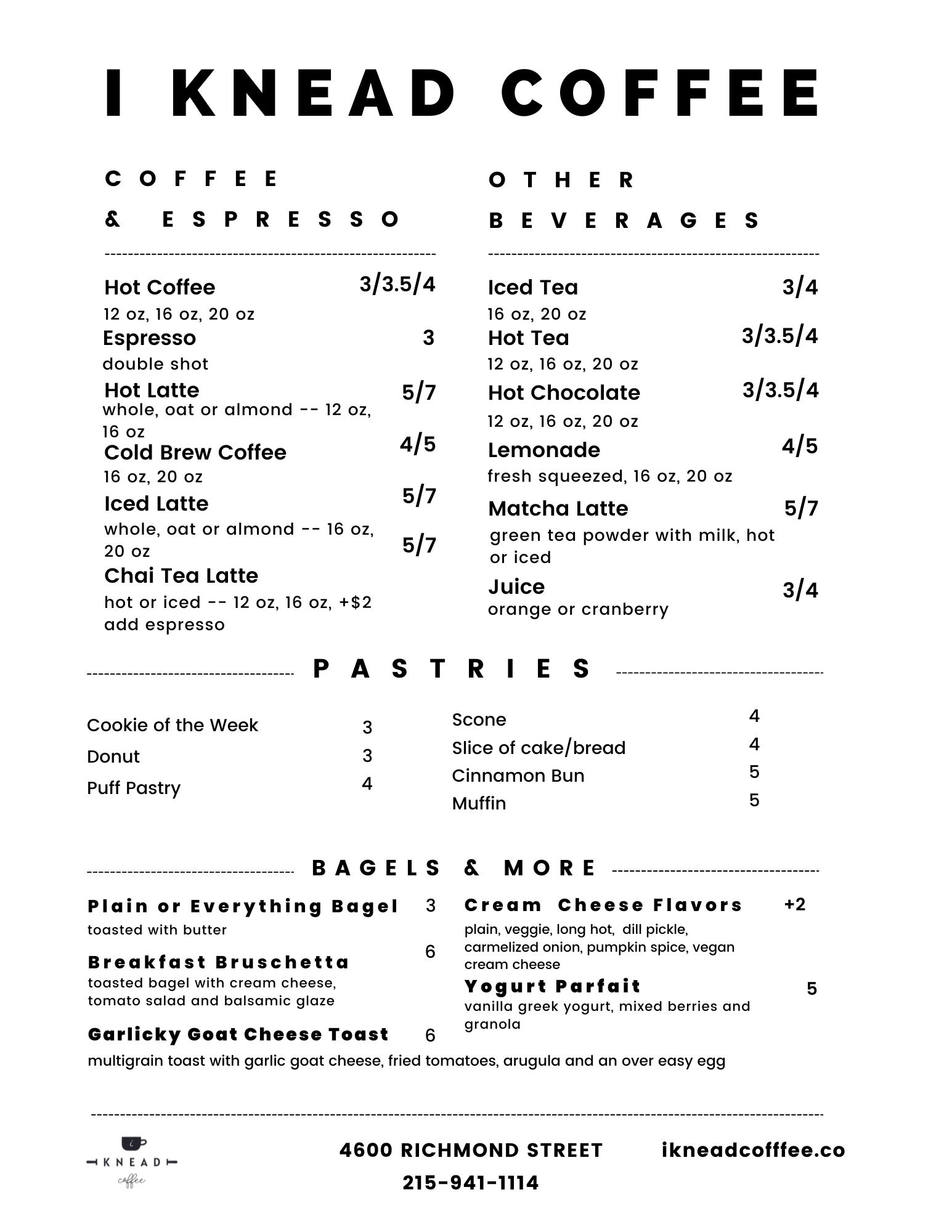 Cafe Menu — I Knead Coffee