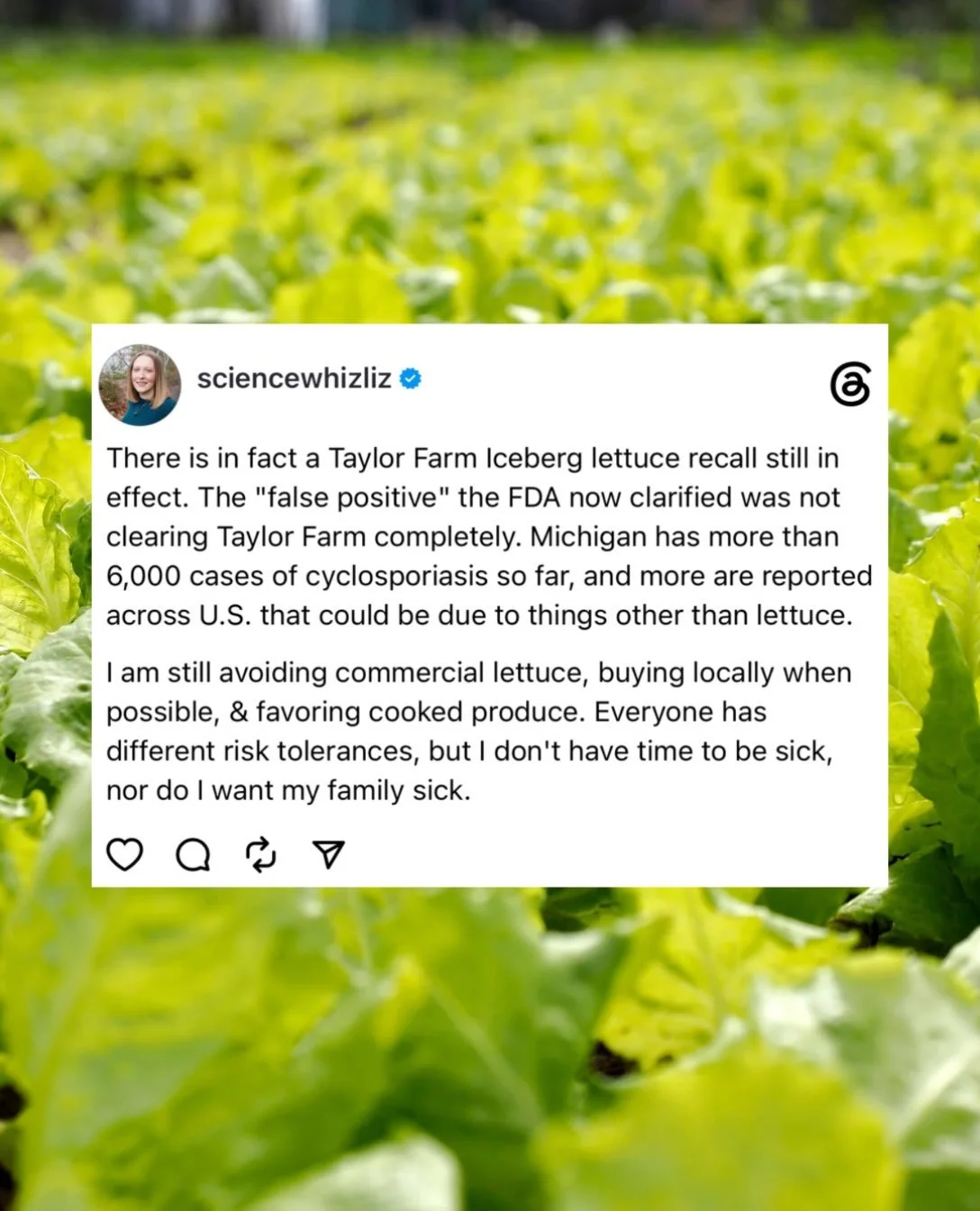 A lot of you have asked me if my behavior has changed since lettuce has been implicated in some of the cyclosporiasis cases (cause of the explosive diarrhea). It hasn&rsquo;t, I&rsquo;m def avoiding commercial lettuce, but I&rsquo;m worried other sou