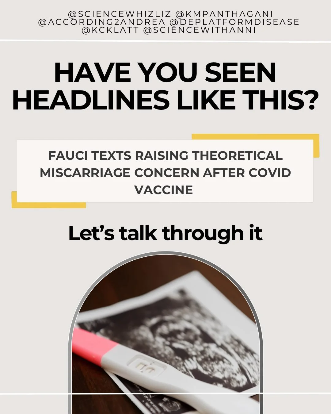 COVID-19 vaccines are not associated with miscarriage. We&rsquo;ve started noticing quite a few social media posts trying to say that they are and we know this can be confusing and scary to see. The timing is due to some texts from Dr. Fauci&rsquo;s 