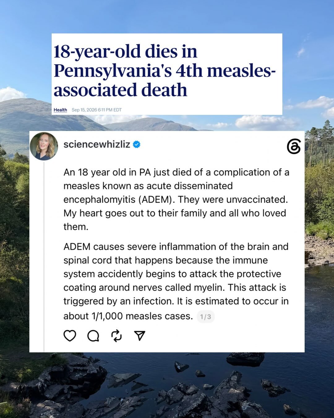 Yesterday we learned the news of another person who has died from measles related complications. This time due to acute disseminated encephalomyelitis (ADEM). They were unvaccinated. 

ADEM causes severe inflammation of the brain and spinal cord that