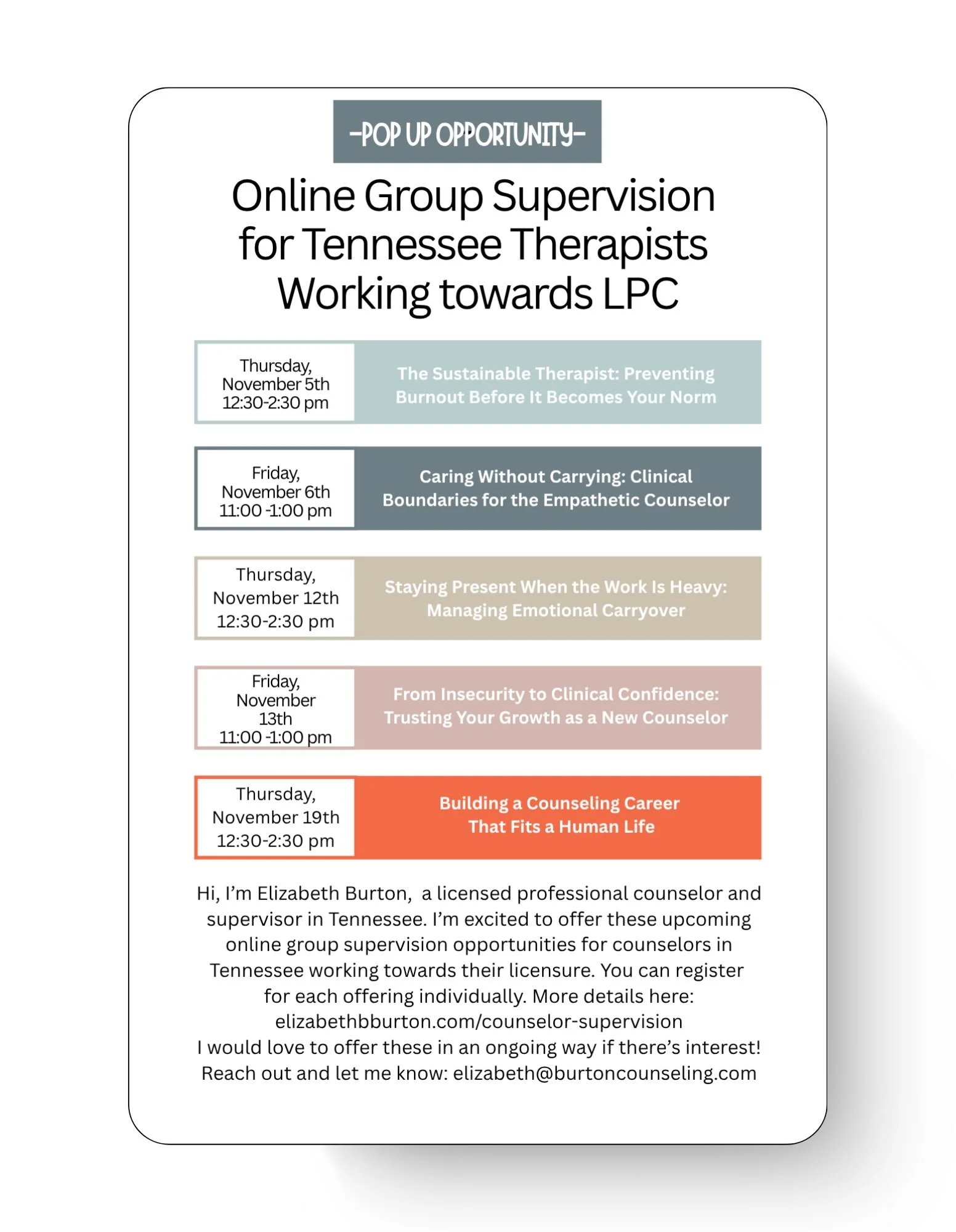 I&rsquo;m excited to offer some online group supervision sessions for counselors working towards lpc licensure in Tennessee in November. 🙌

These are offered in two hours segments in hopes of being more accessible with work and life schedules, and r