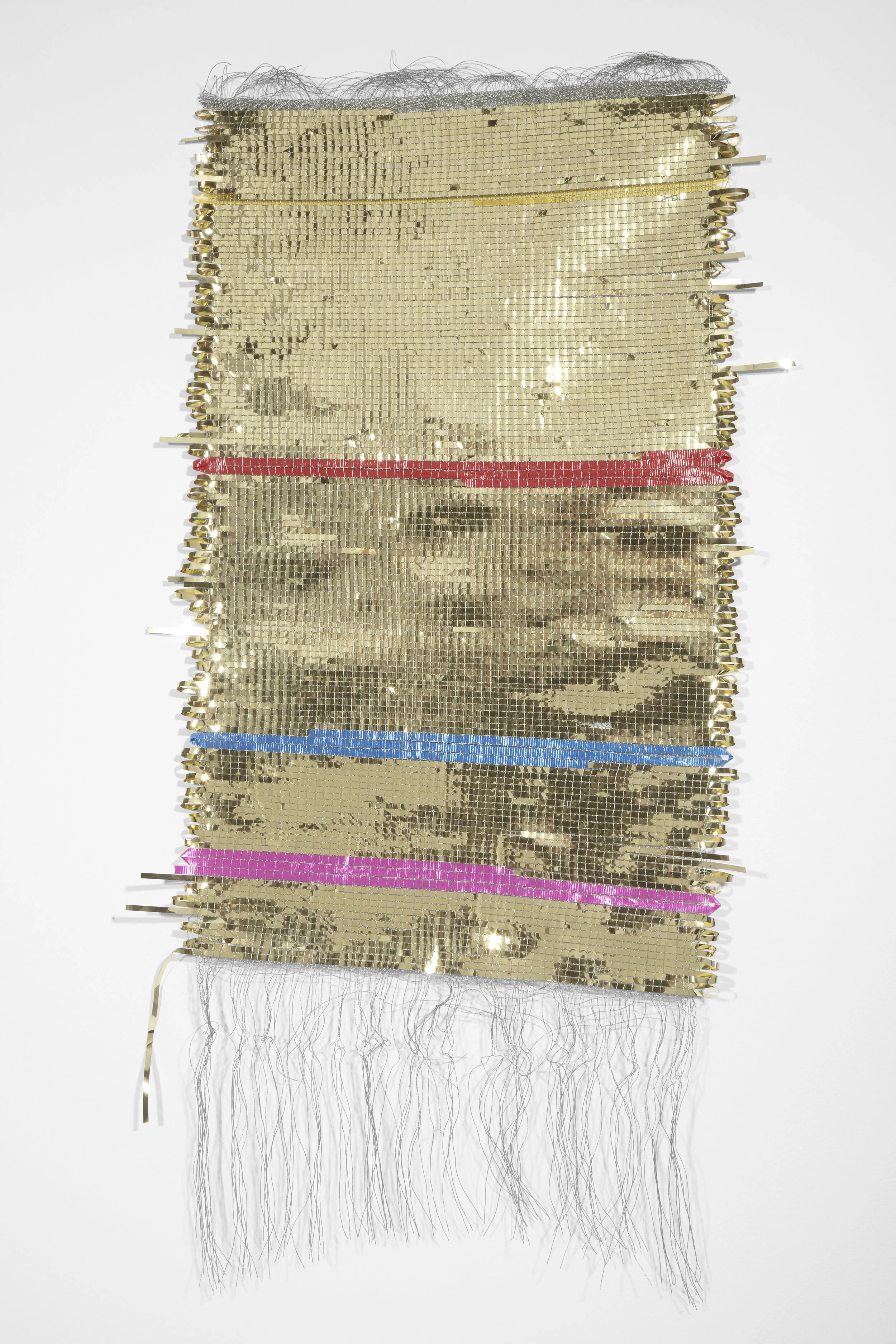 Flag of Trash Nation, 41st and Third. Party streamers, plasticized ribbon, metallic fliament. This is the flag of the imaginary nowhere nation where people believe our trash ends up when it is taken away.