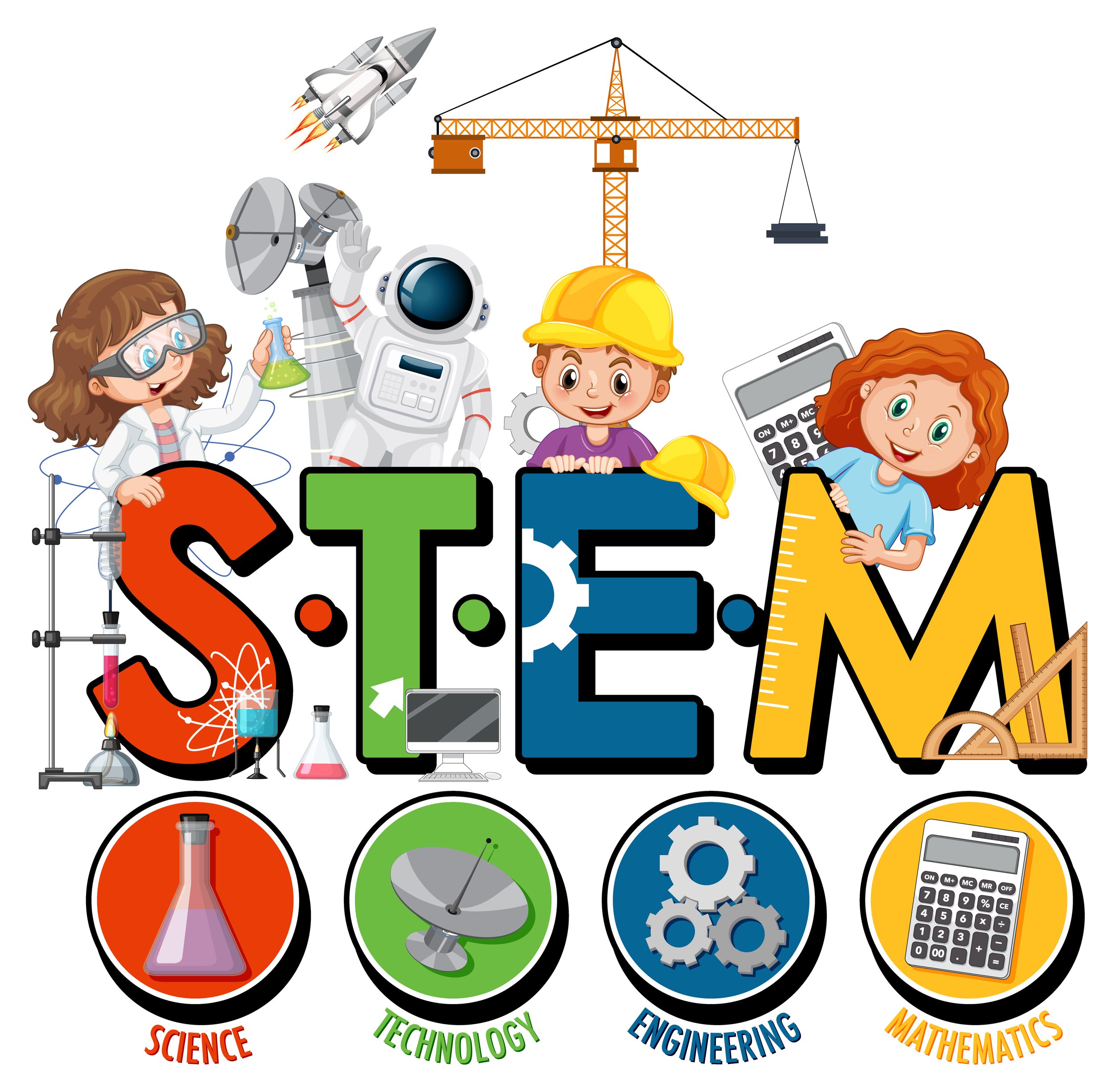 Colorful illustration of children and science fiction-themed characters surrounded by the words sci-tech-m.