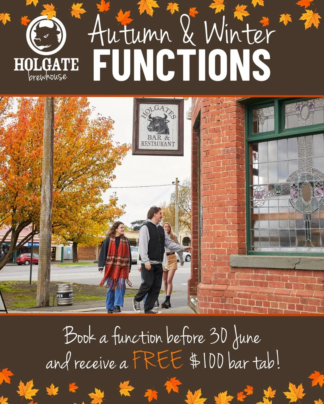 Birthday? Anniversary? Team Drinks? EOFY Function? 
🍁 Book a function at Holgate before 30 June and receive a FREE $100 bar tab! 🍁

Whether you&rsquo;re a local or coming up from Melbourne, Holgate is the perfect place for your autumn or winter eve