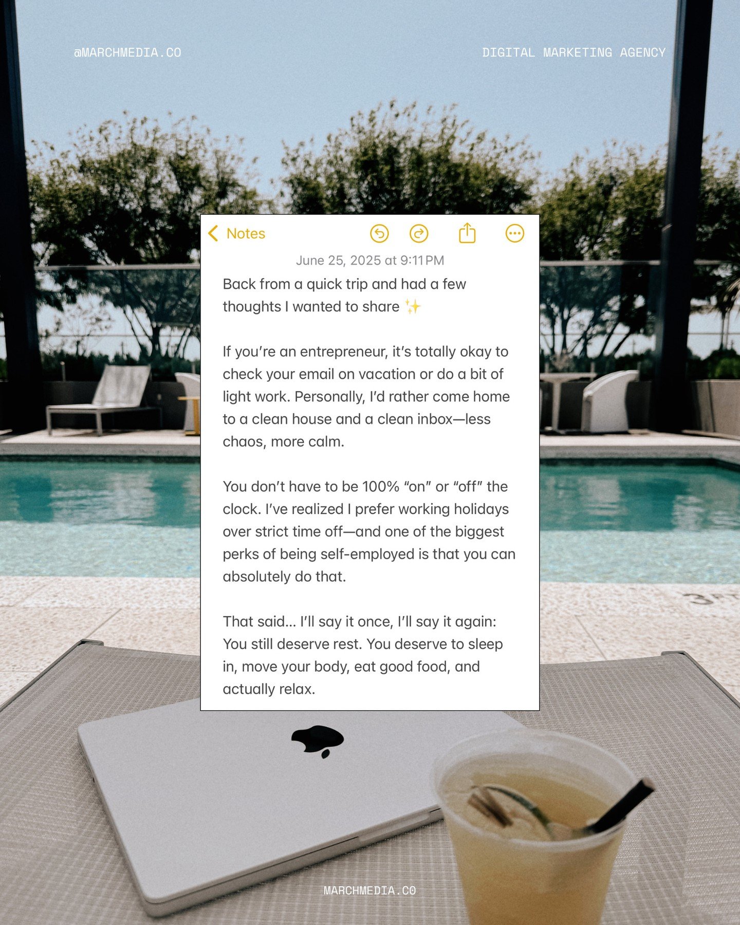 Back from a quick trip and had a few thoughts I wanted to share ✨⁠
⁠
If you&rsquo;re an entrepreneur, it&rsquo;s totally okay to check your email on vacation or do a bit of light work. Personally, I&rsquo;d rather come home to a clean house and a cle