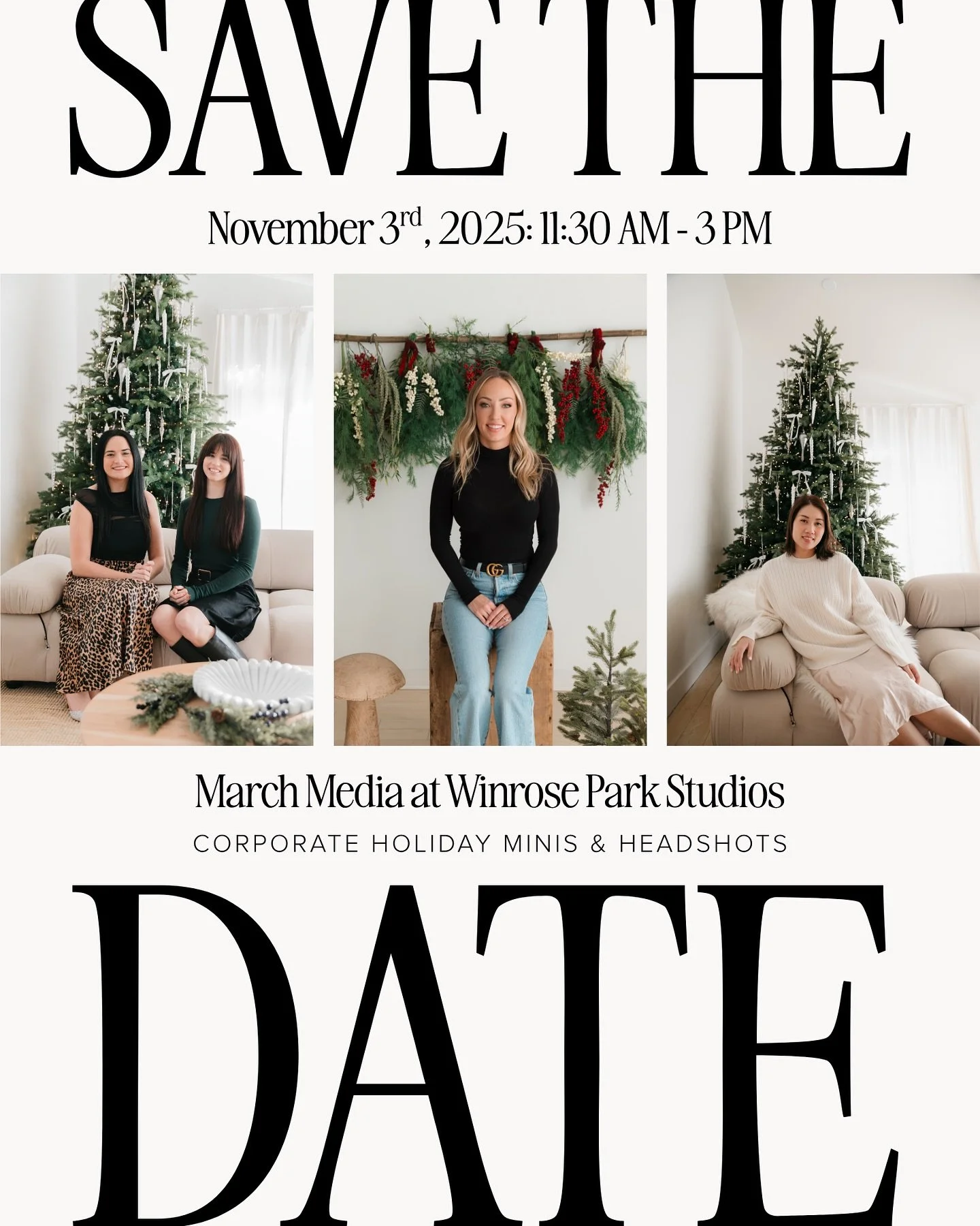 SAVE THE DATE! November 3rd, 2025 ✨ We are launching our Annual Corporate Holiday Minis &amp; Headshots for booking TOMORROW!

The shoot day is November 3rd, 2025 from 11:30 AM - 3:00 PM at Winrose Park Studios. Limited spots available. Booking detai