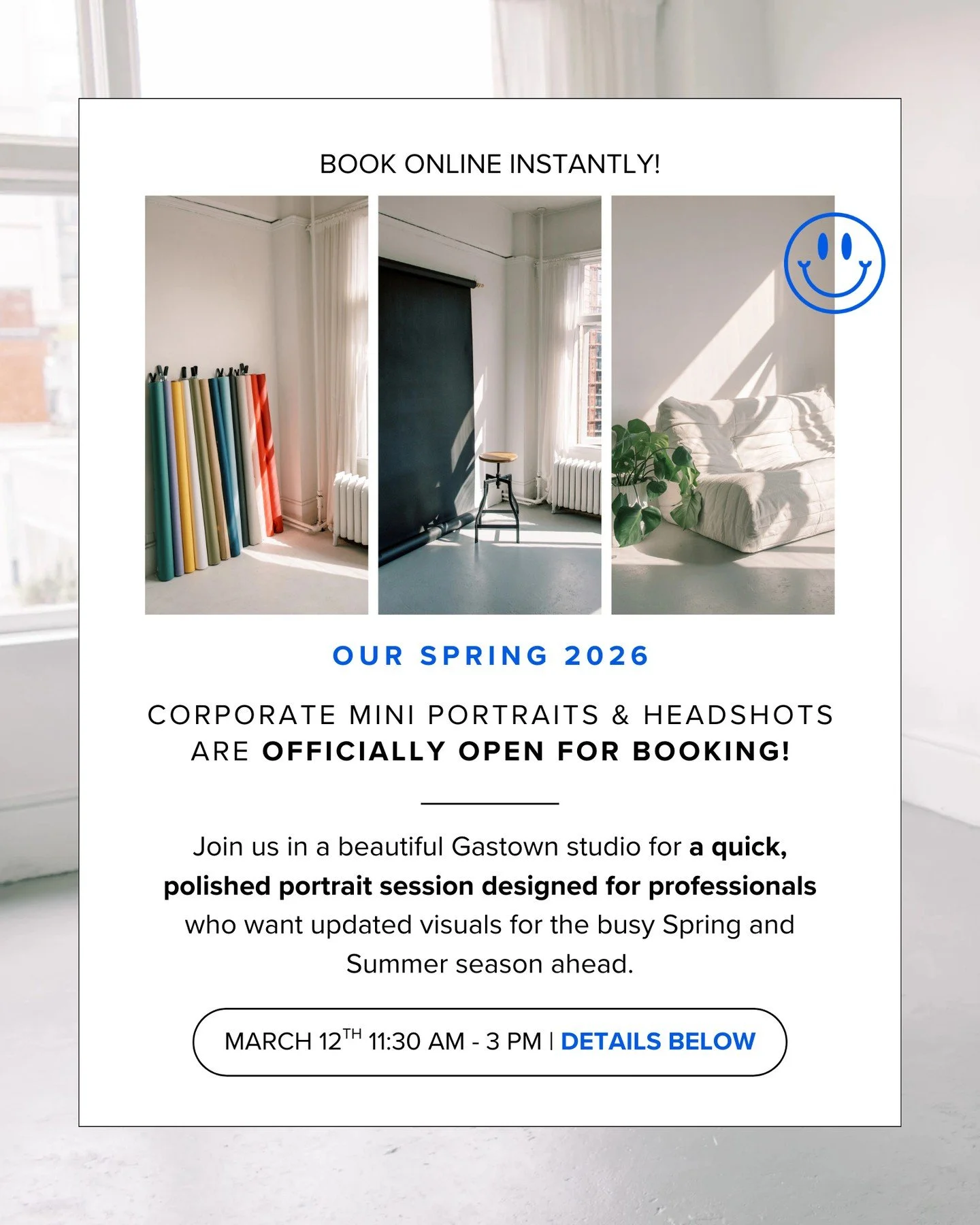 Our Spring 2026 Corporate Mini Portraits &amp; Headshots are officially open for booking! ✨️⁠
⁠
Join us in a beautiful Gastown studio for a quick, polished portrait session designed for professionals who want updated visuals for the busy Spring and S