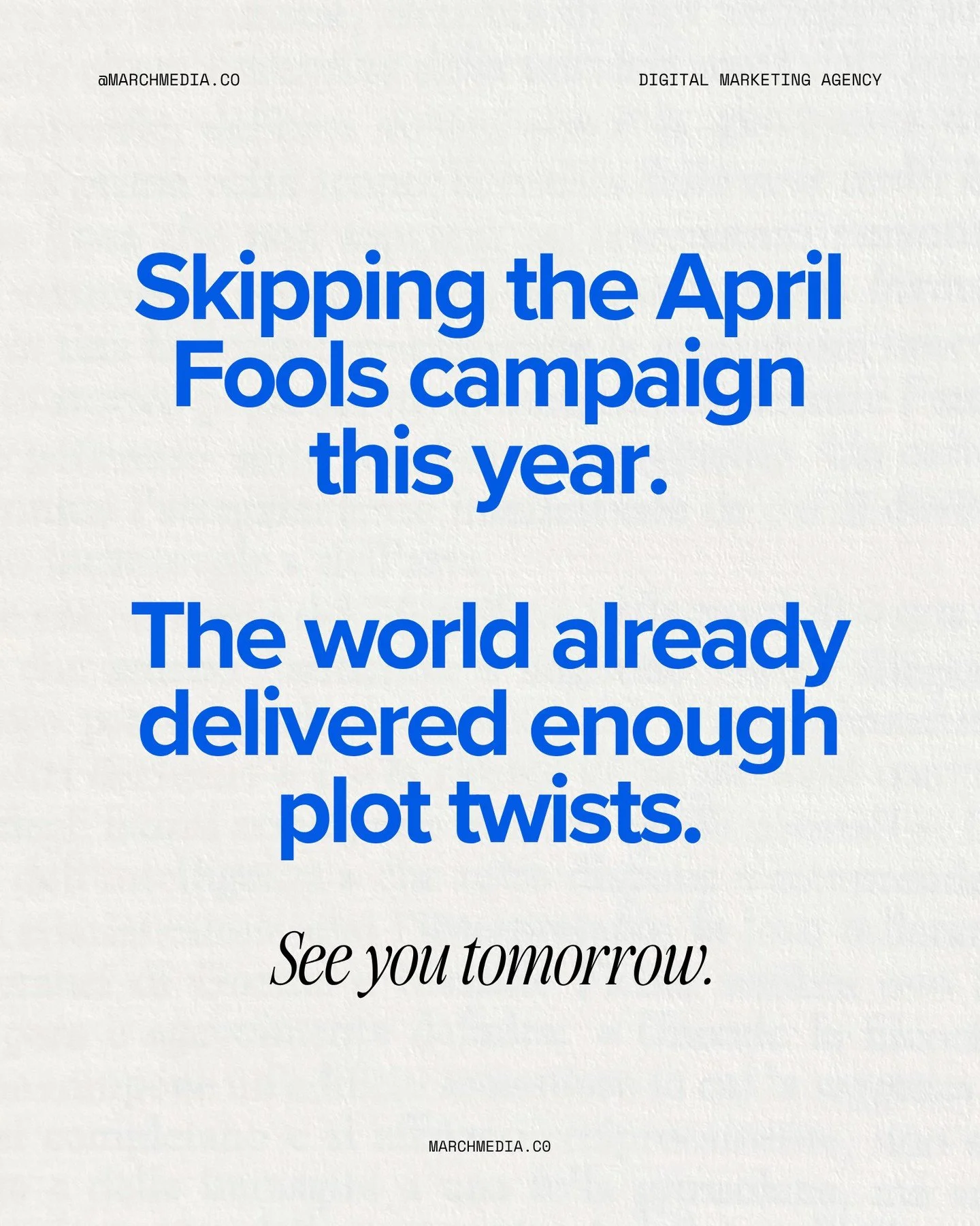 Real life is weird enough. Catch y'all tomorrow ✌🏻⁠
⁠
CONNECT WITH OUR TEAM⁠
▫️ hello@marchmedia.ca⁠
▫️ marchmedia.ca⁠
⁠
#MarchMedia #BrandDesigner #DigitalMediaAgency #DigitalMarketingSpecialist #BrandStrategy