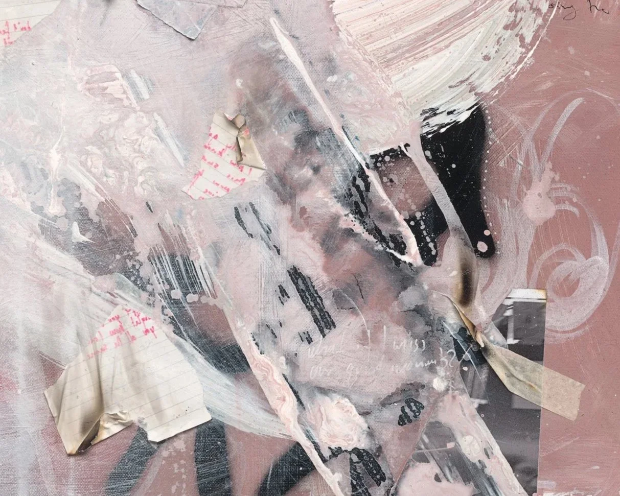 A close up detail photo of “Fading Memories” artwork. A layered abstract collage with torn paper, paint strokes, and textured markings in pastel pinks, blacks, and whites.
