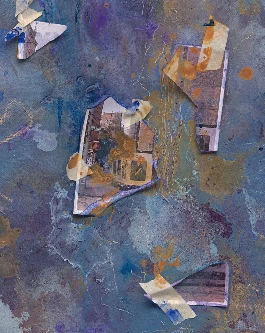 A close up detail photo of “Tomorrows’ Memories” artwork.  Torn and partially burned pieces of photographs and paper scattered on a textured, painted surface.
