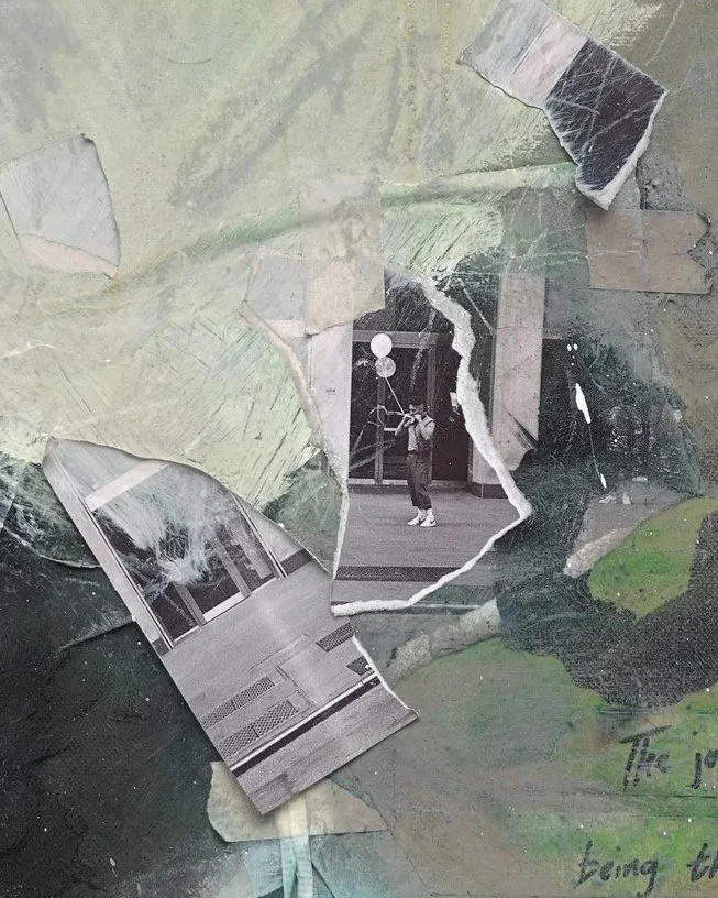 A close up detail photo of “Becoming Memories” artwork. A collage of torn photographs layered over abstract colorful backgrounds, with a central black-and-white photo of a person holding balloons.