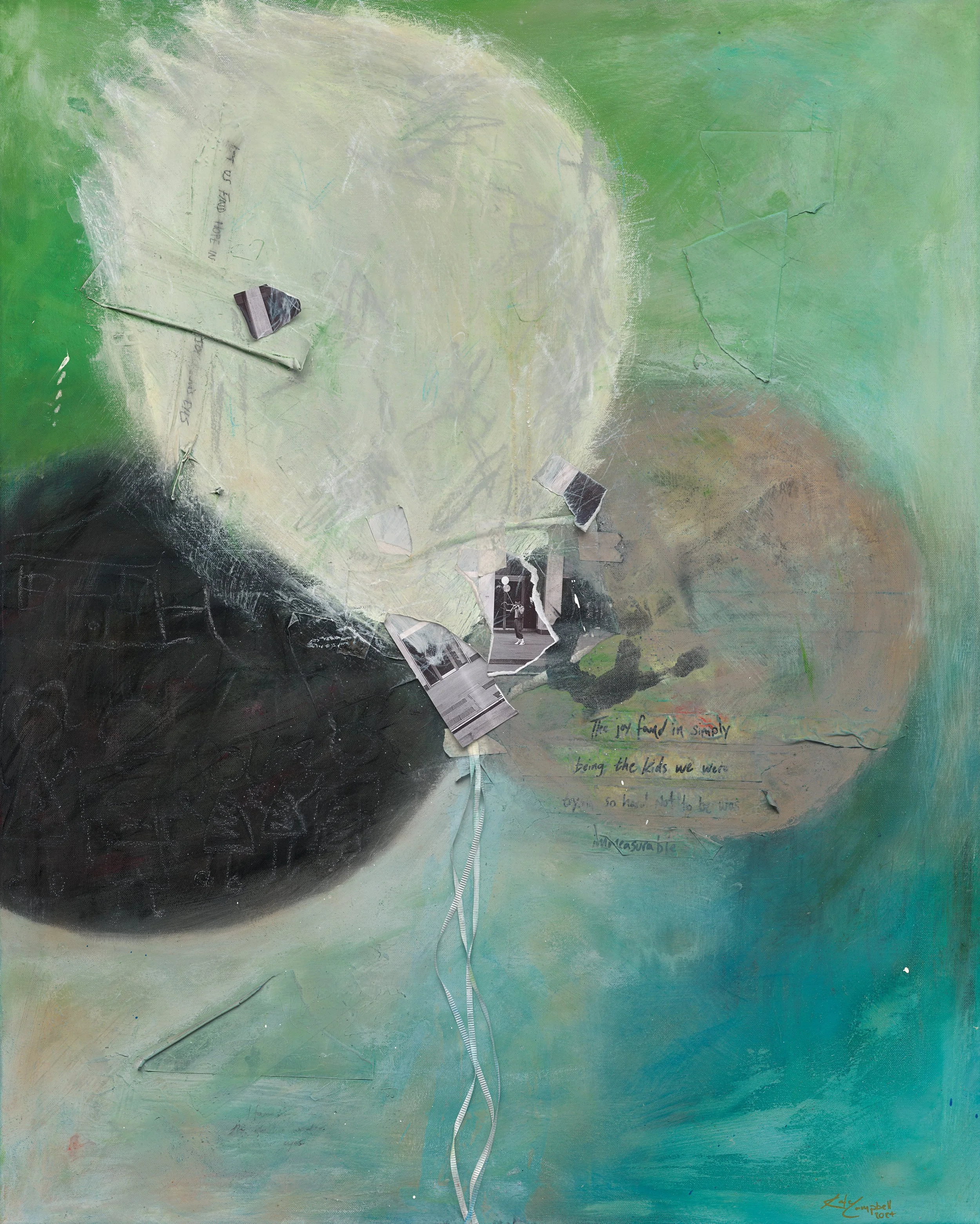 An abstract mixed media artwork with a background in shades of green, black, and gray, containing layered torn paper pieces and subtle handwritten text, with a white stitched line running vertically through the middle. The artwork has a textured, layered appearance with some areas featuring scribbles and faint markings.