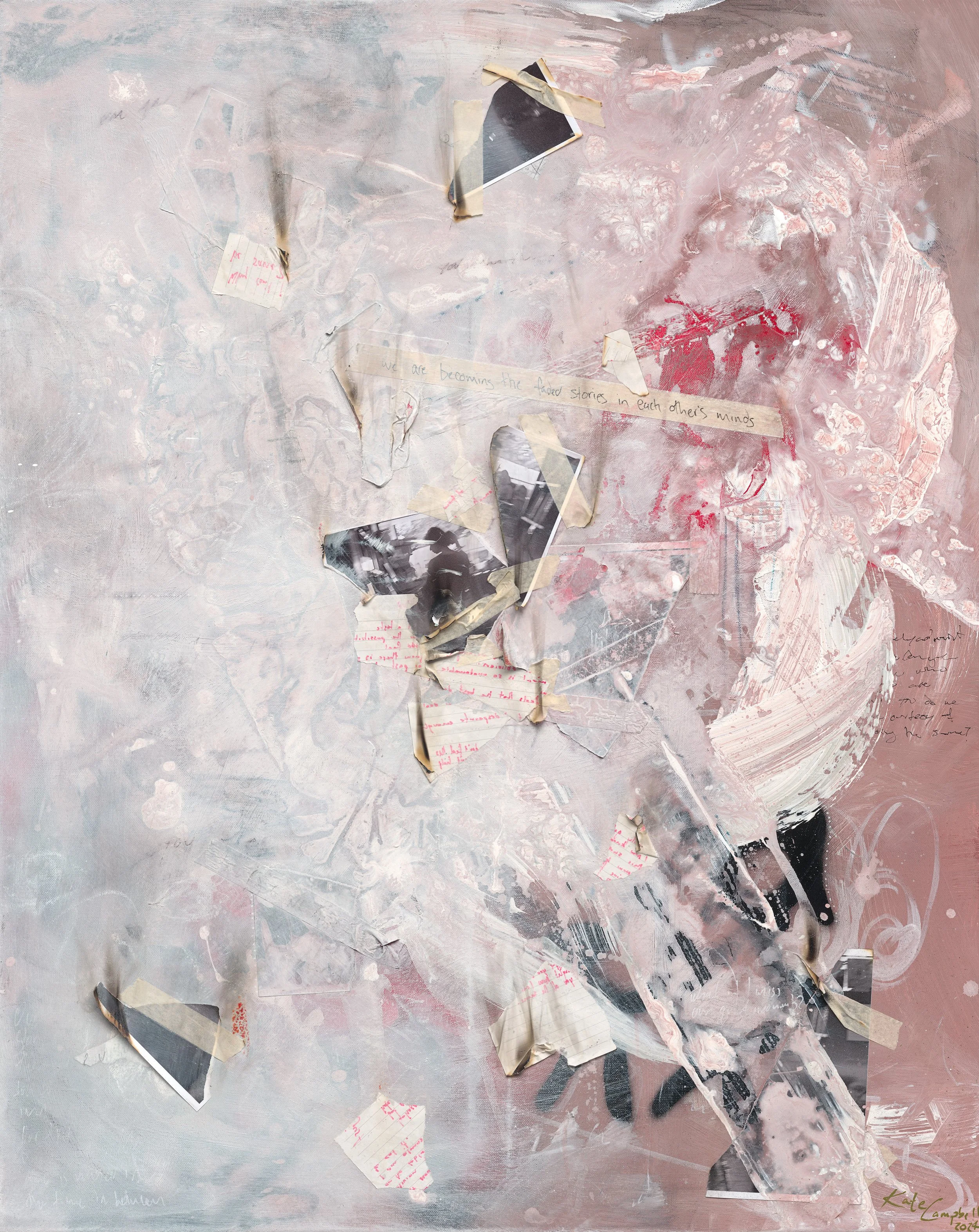 “Fading Memories” artwork. Mixed media artwork featuring torn photographs, handwritten notes, and painted textures in shades of pink, gray, and black.