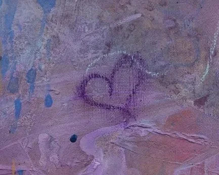 A close up detail photo of “Tomorrows’ Memories” artwork.  A purple heart drawn on a textured, purple and pink surface.