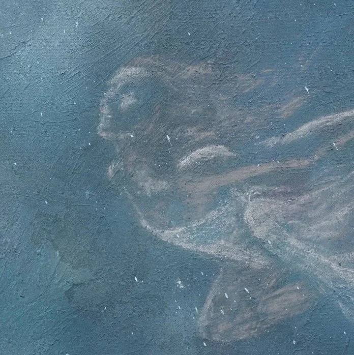A close up detail photo of “Drifting Melody” artwork.  Side profile of a chalk drawing of a female figure on a textured blue wall.