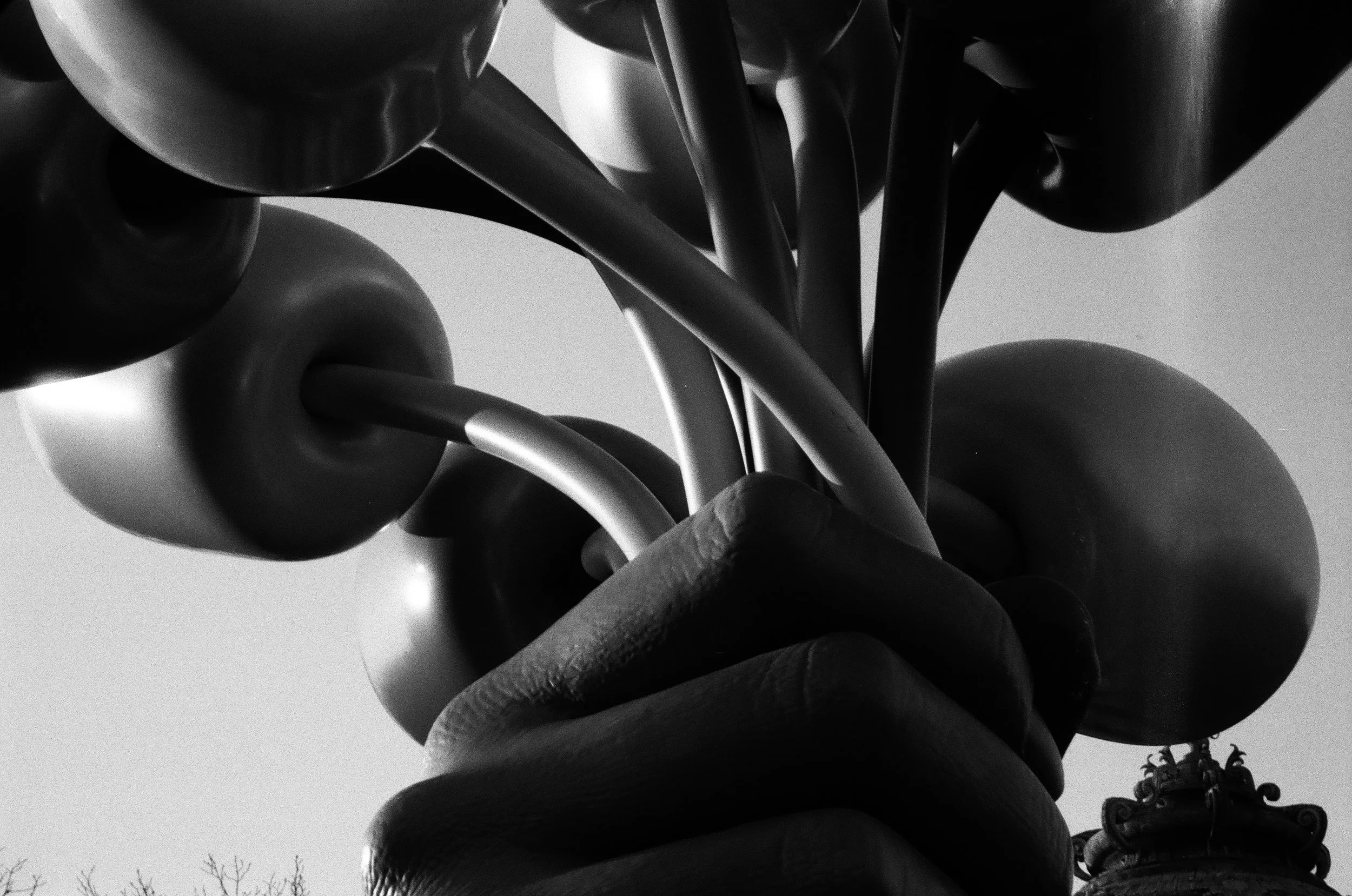 Black and white photo of a sculpture that features a hand holding several tulips with a cloudy sky in the background.