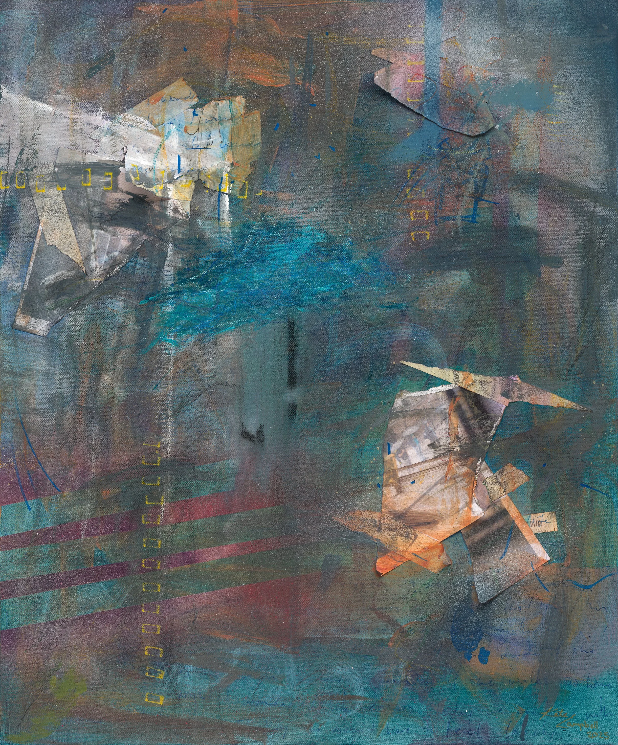 “Blue Umbrella” an abstract mixed media artwork with layered paper, paint, and handwritten notes in blue and yellow ink. Dominant colors include shades of blue, gray, and orange, creating a textured and complex visual composition.