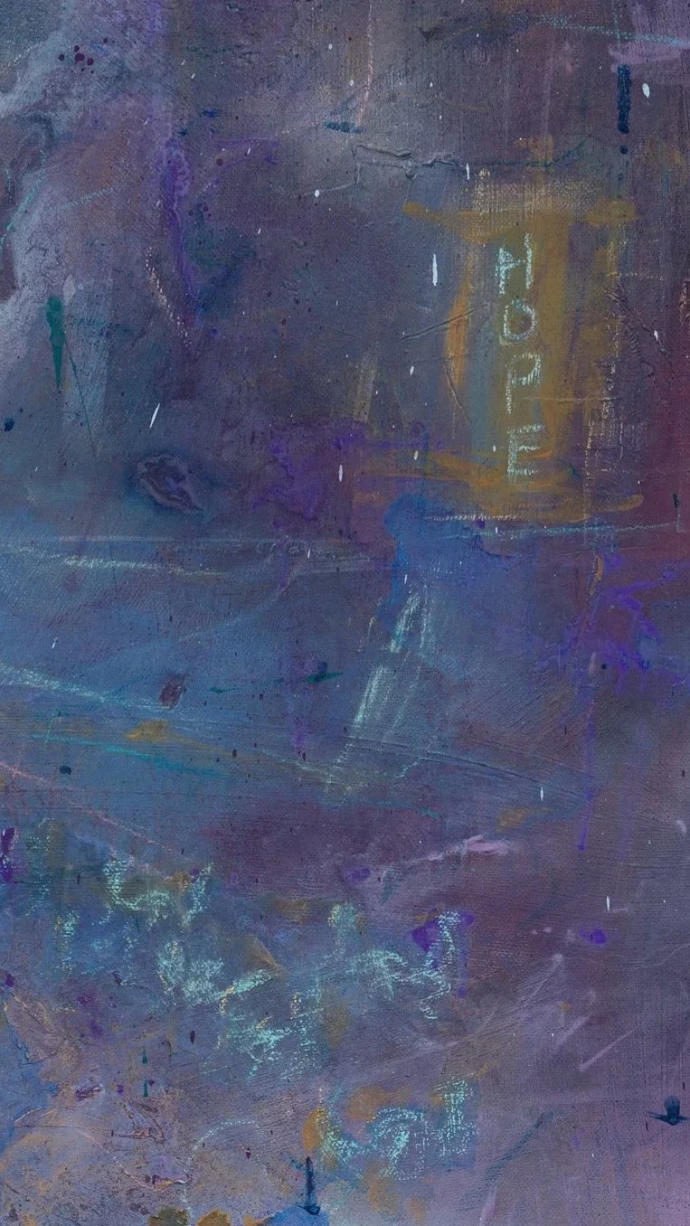 A close up detail photo of “Tomorrows’ Memories” artwork.  Abstract textured painting with the word 'IDLE' faintly visible in yellow on the right side.