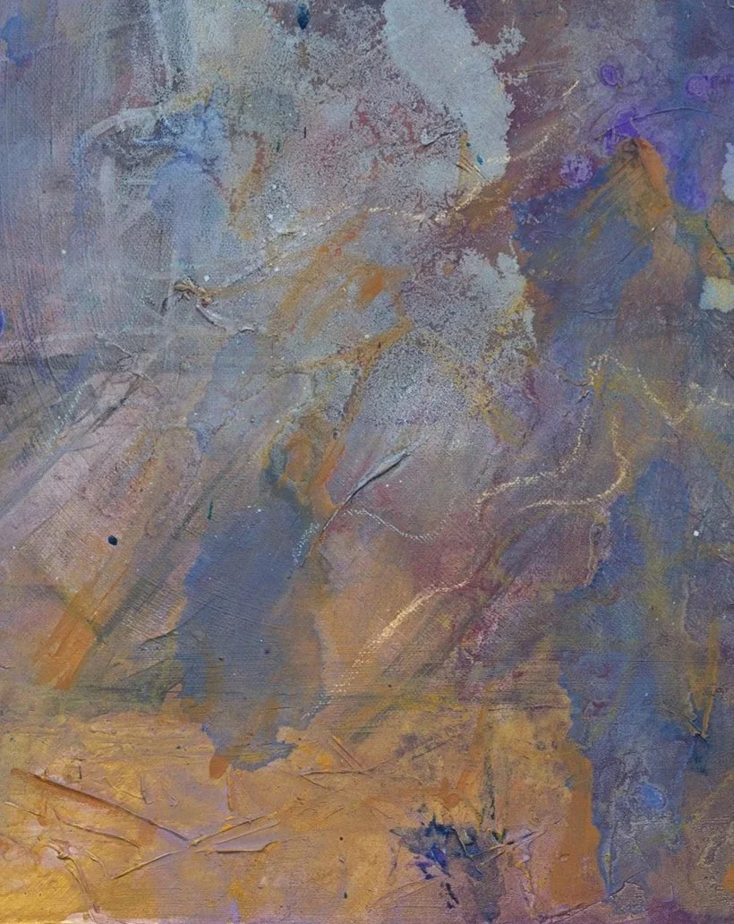 A close up detail photo of “Tomorrows’ Memories” artwork.  An abstract painting with muted tones of purple, blue, brown, and gold, featuring textured brushstrokes and layered colors.