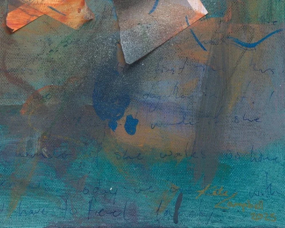 A close up detail photo of “Blue Umbrella” artwork.   Abstract painting with layered textures, blue, orange, and green colors, and faint handwritten text.
