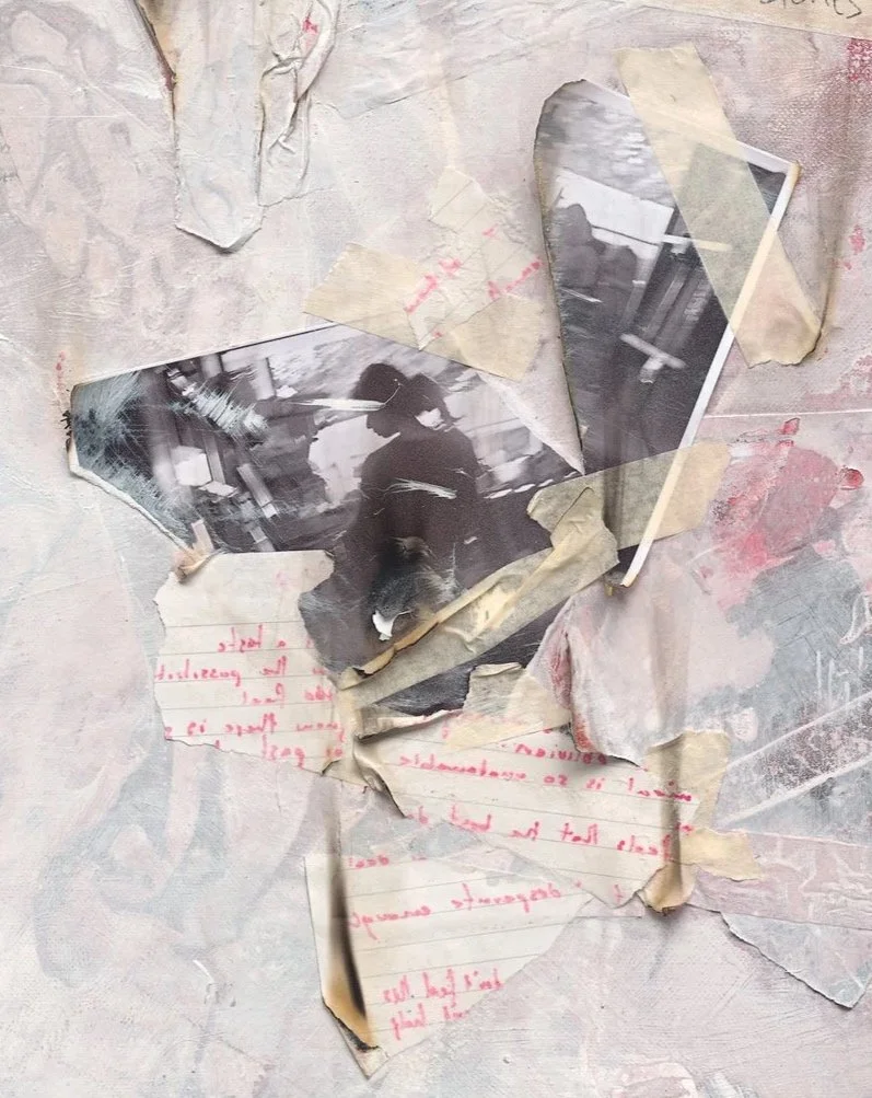 A close up detail photo of “Fading Memories” artwork. A collage of torn and wrinkled photographs, lined notebook paper with handwriting in red ink, and pieces of masking tape on a textured surface.