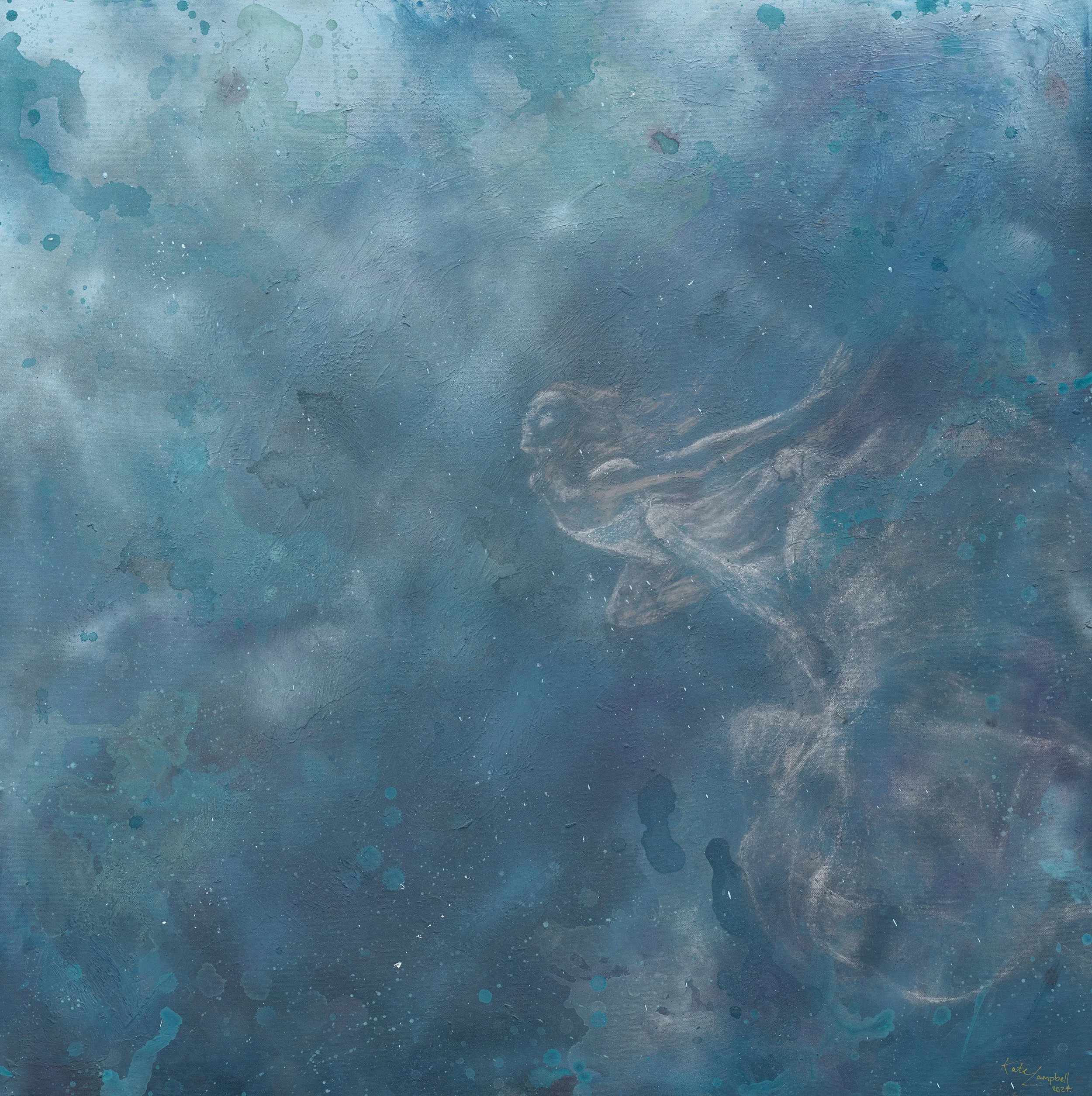 “Drifting Melody” artwork. An abstract textured painting with shades of blue, green, and hints of purple, featuring a chalk image of a female figure with fabric flowing behind them.