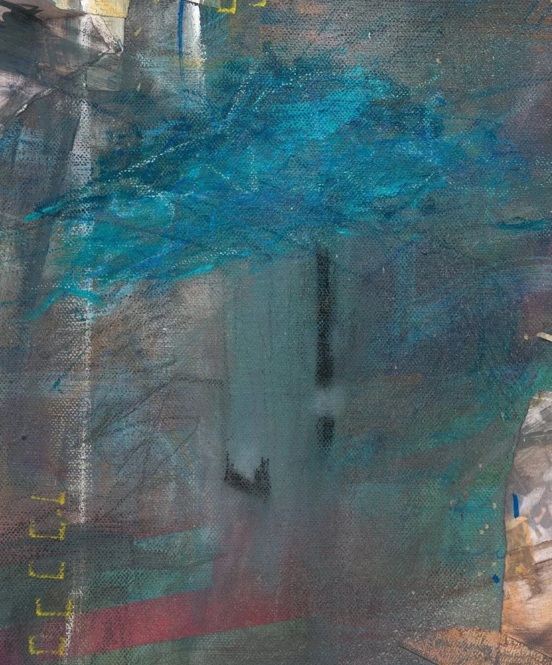 A close up detail photo of “Blue Umbrella” artwork.   An abstract painting with shades of blue, gray, and hints of yellow, featuring textured brushstrokes and layered paint.