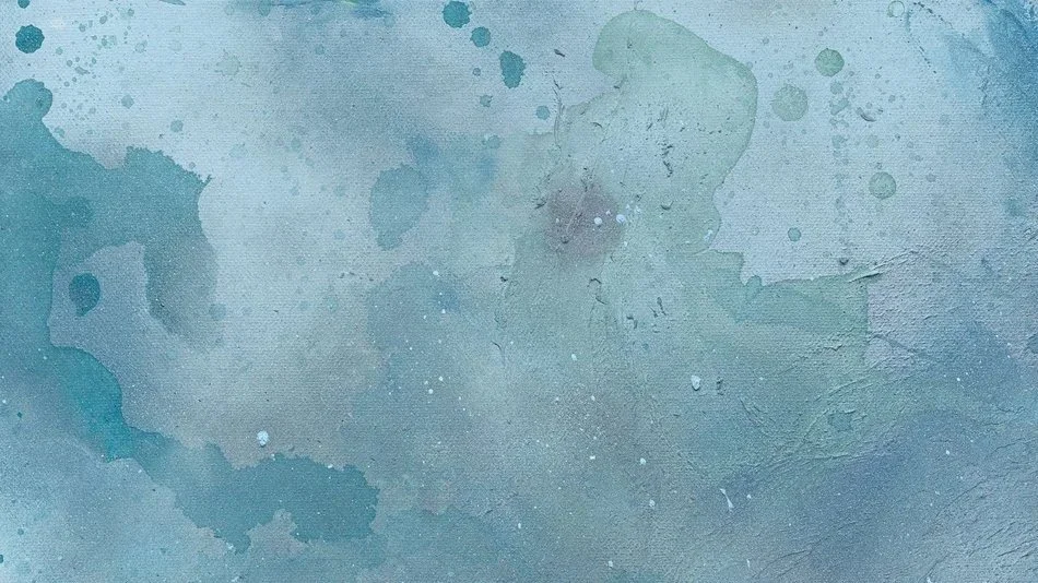 A close up detail photo of “Drifting Melody” artwork.  Abstract watercolor painting with shades of blue and green, and scattered paint splatters.