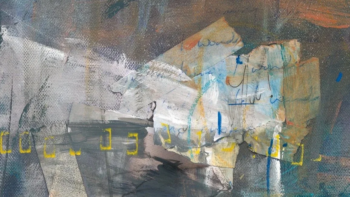 A close up detail photo of “Blue Umbrella” artwork.  Abstract mixed media artwork featuring torn paper, sketches, and paint in shades of gray, white, yellow, blue, and orange.