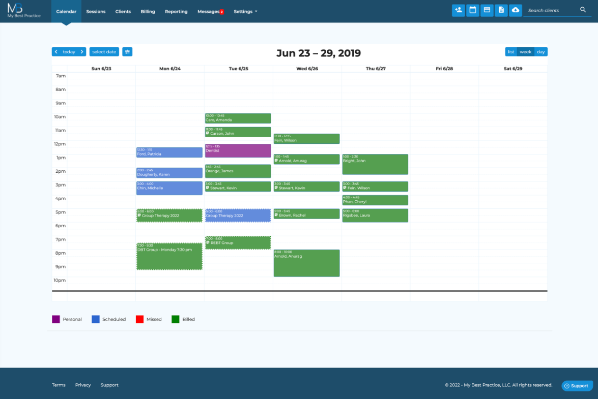 Calendar view of MBP software