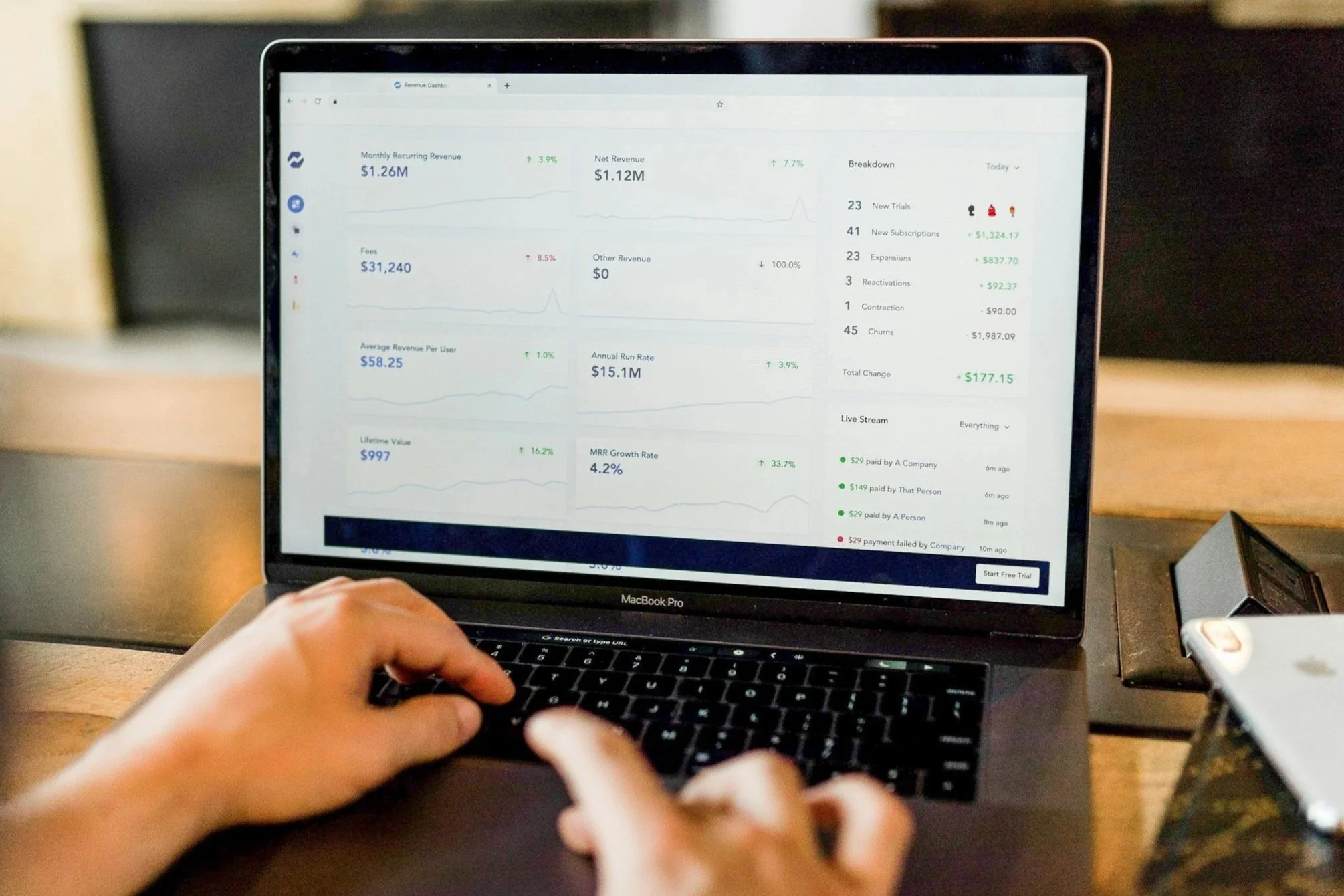 hands reach over a laptop keyboard showing a data dashboard