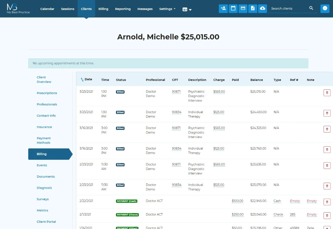 My Best Practice billing dashboard