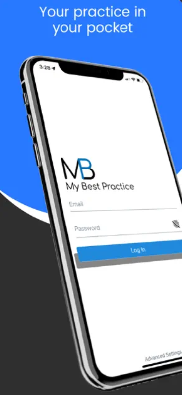Smartphone displaying an app login screen titled "My Best Practice" with fields for email and password, and a "Log In" button, against a blue and black background with the text "Your practice in your pocket" at the top.