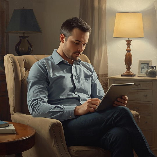 generated image of a man sitting on a chair using a tablet.