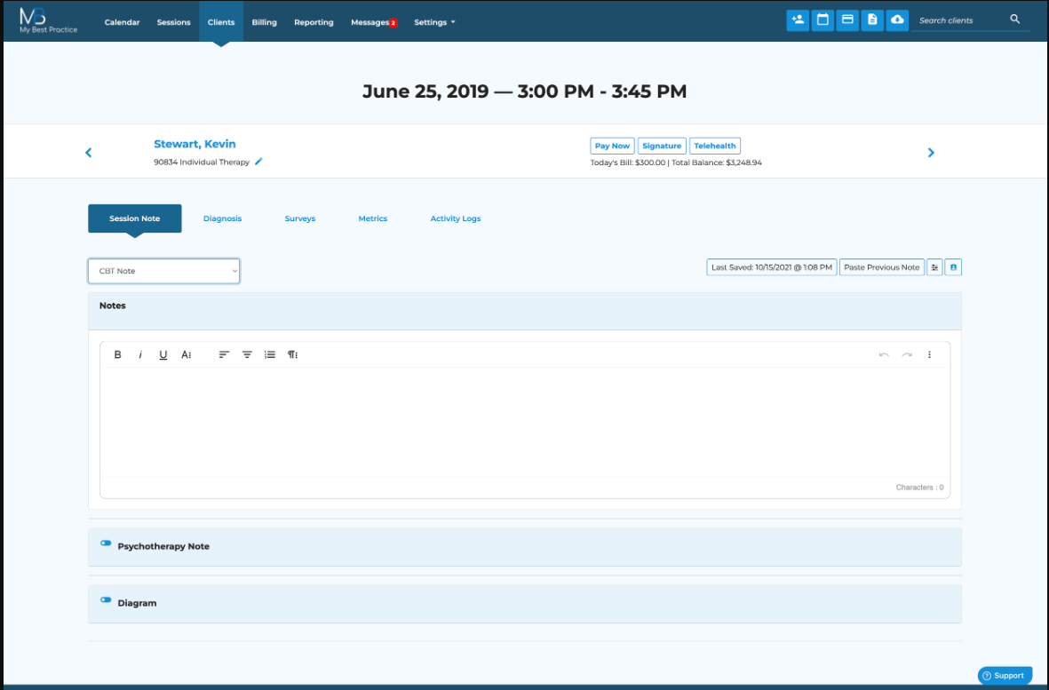 Client note webpage on MBP platform