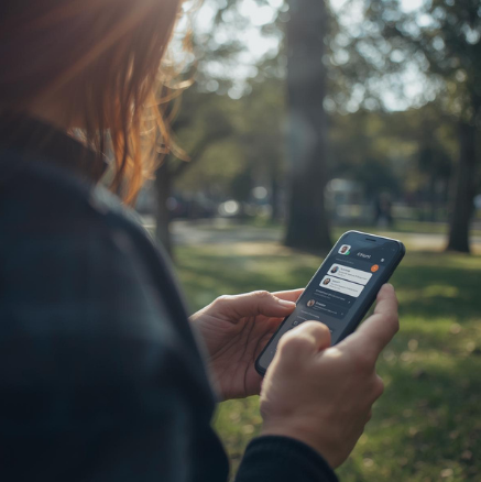 Woman looking at phone portal while outdoors