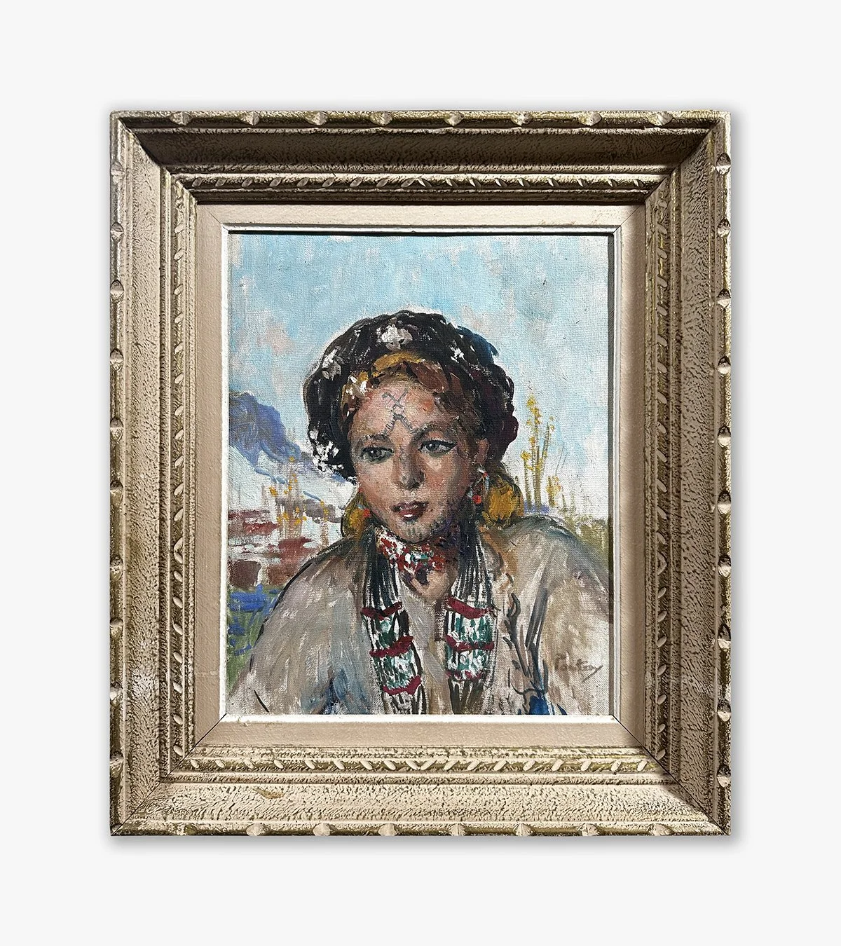 "Jeune fille de la vallée du Dadès", signé Henri Jean Pontoy, circa 1935-1940
(Format encadré 46 x H 54 cm)