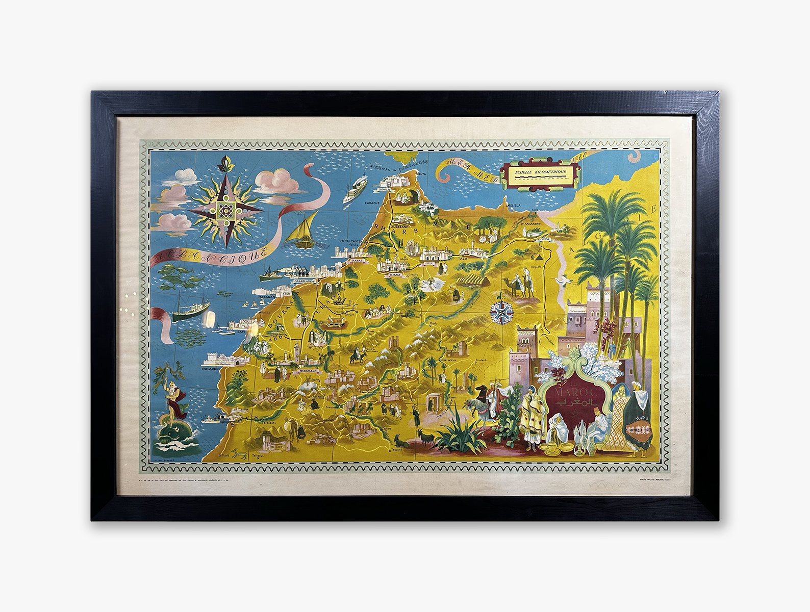 Carte picturale du Maroc créée par Lucien Boucher, tirage original de grand luxe, limité à 500 exemplaires sur Vélin Canson & Montgolfier), circa 1948
(Format encadré 116 x H 80 cm)
