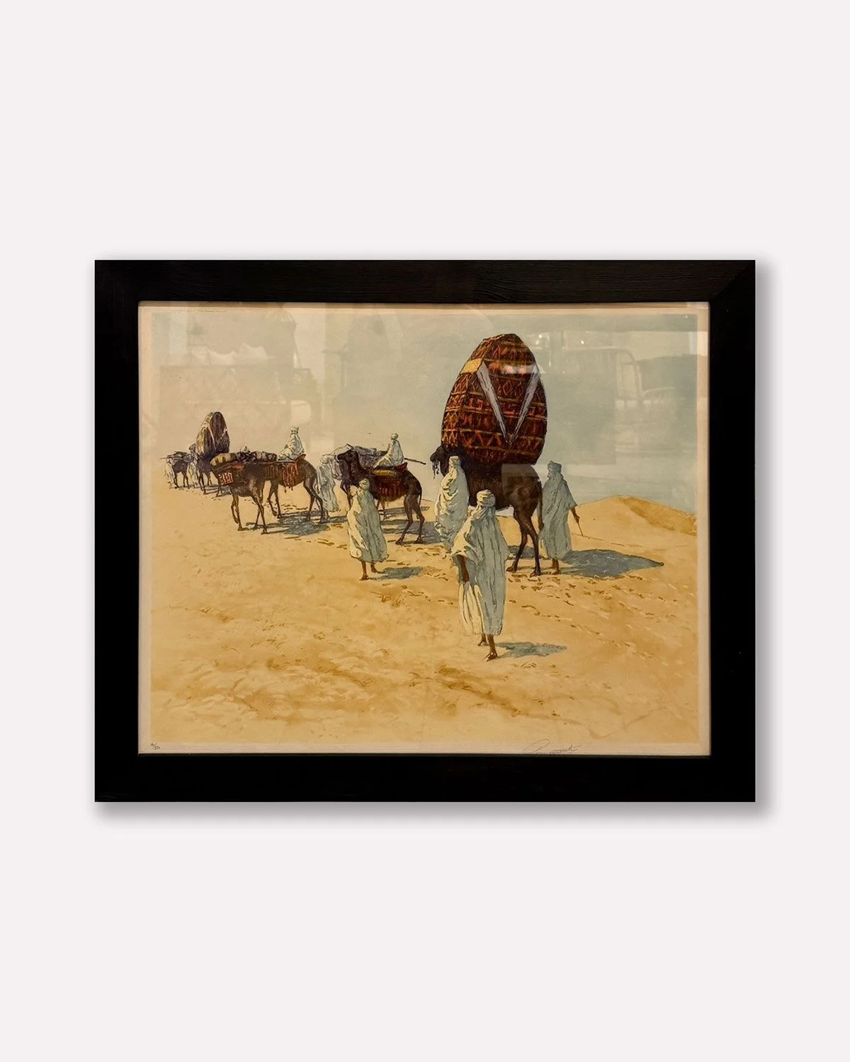 Aquatinte, signée Guinegaut, la caravane, années 1930 (format encadré 68 x 56 cm)