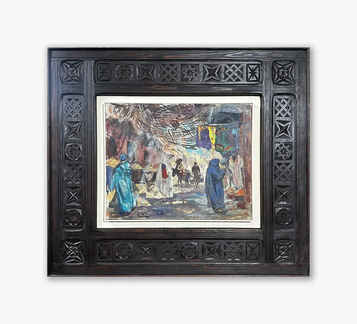 "Le Souk", signé Henri Jean Pontoy, circa 1940
(Format encadré 82 x H 72 cm)