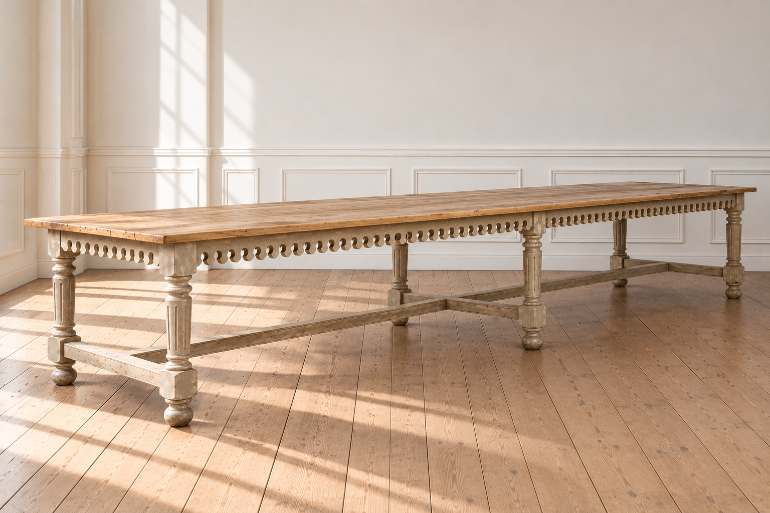 Table XL de monastère, plateau teck, patine des pieds d'origine (400 x 90cm - H 78cm)