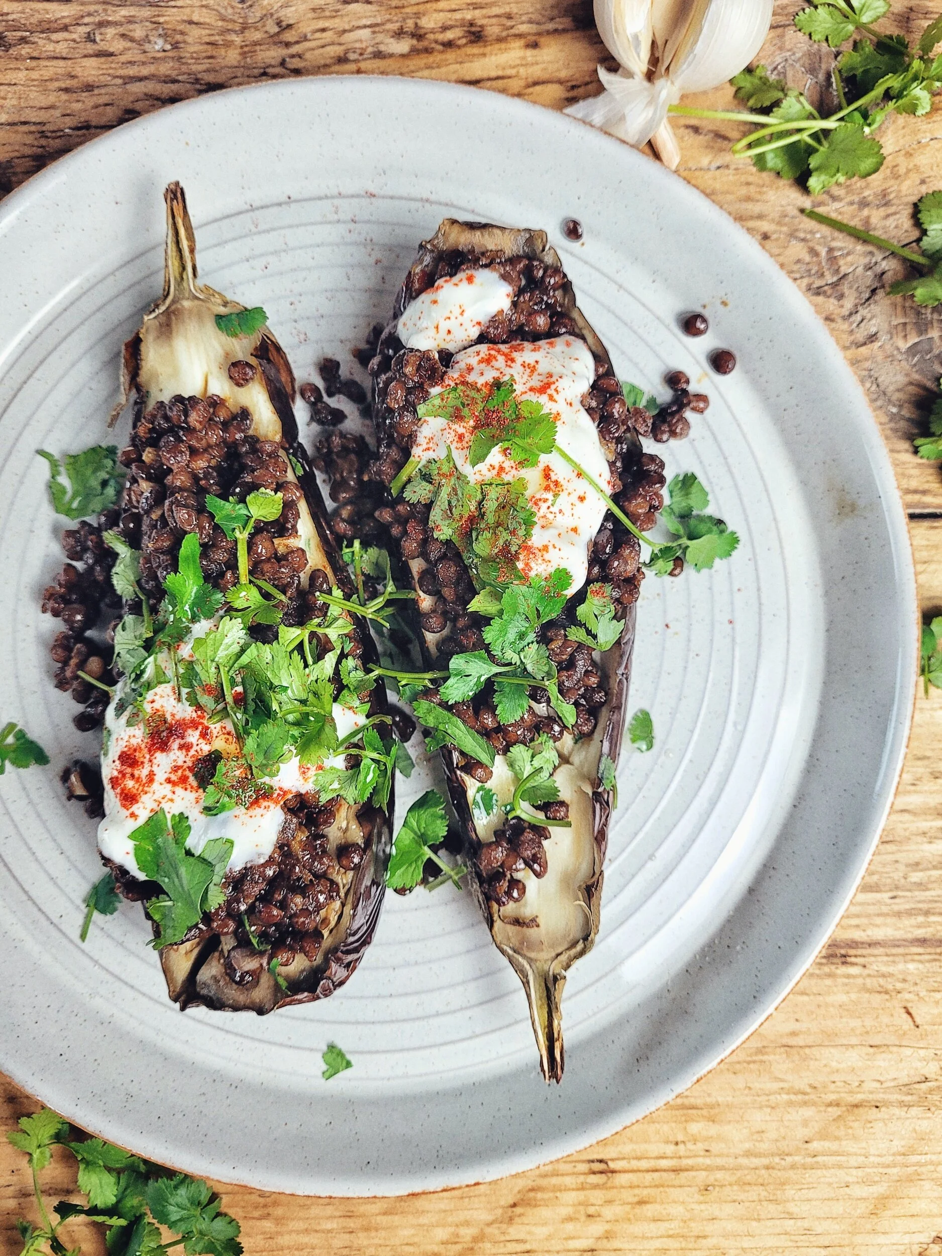 Baked aubergine with garlic & chipotle lentils