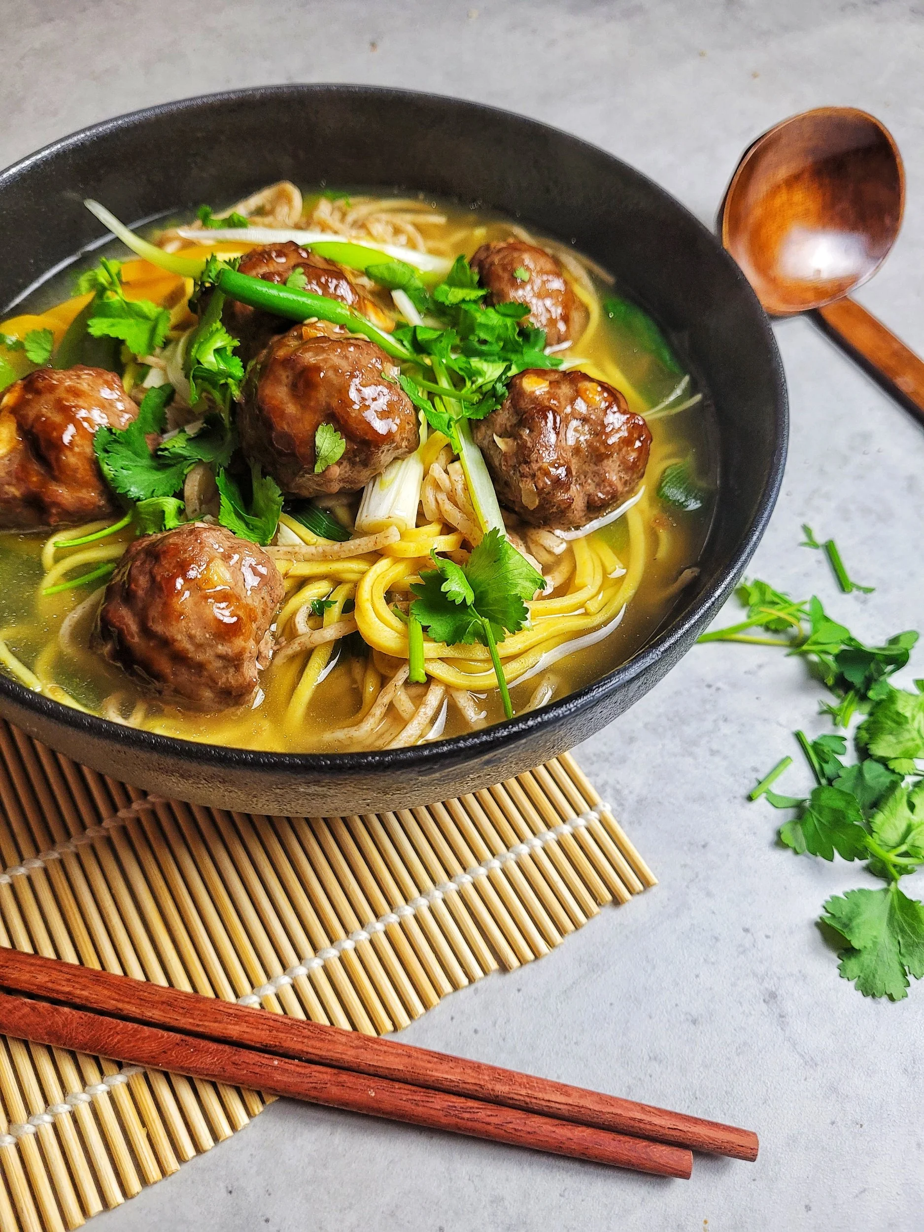 Hoisin meatballs noodle soup