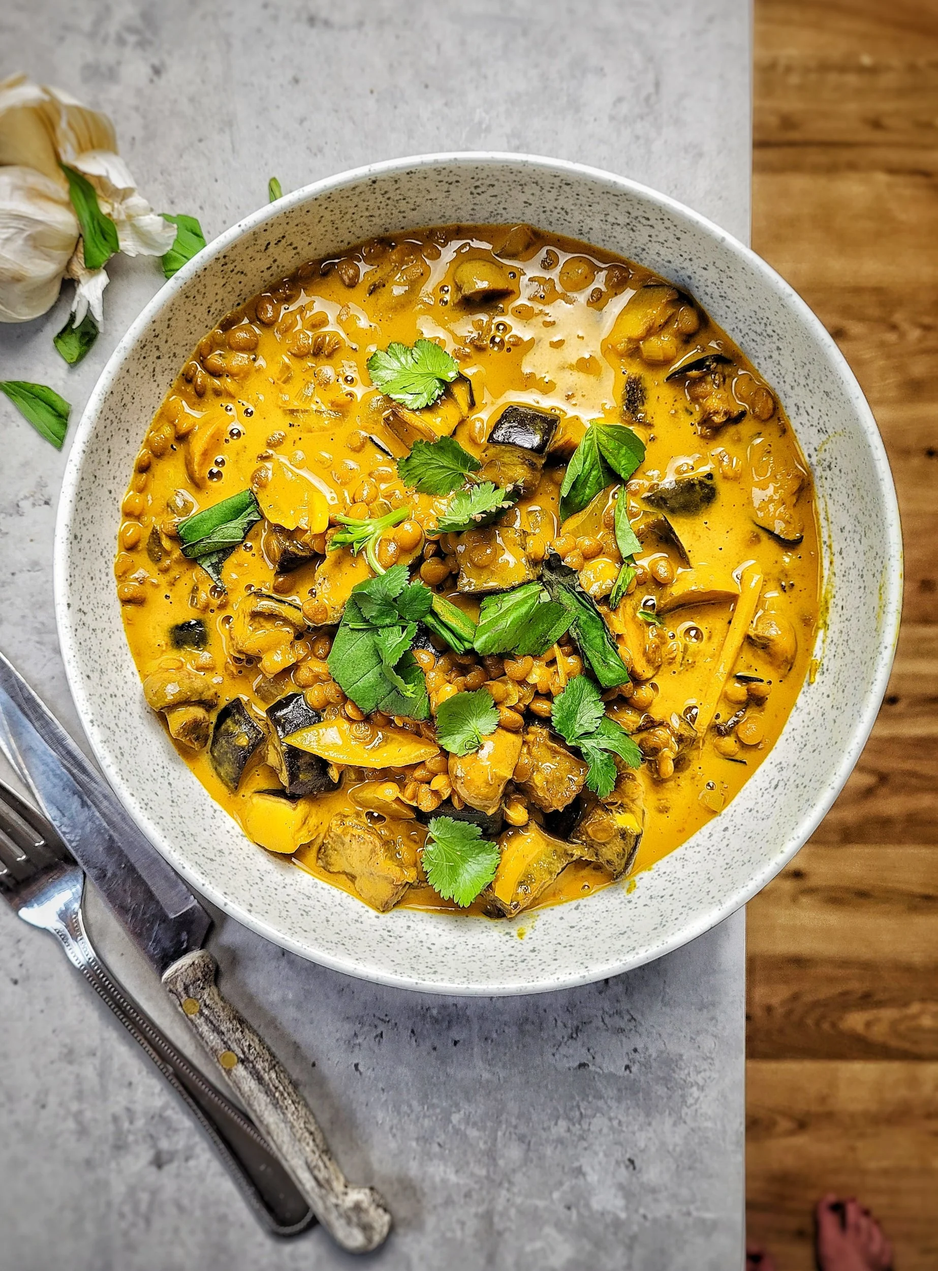 Aubergine, mushroom and lentil coconut curry
