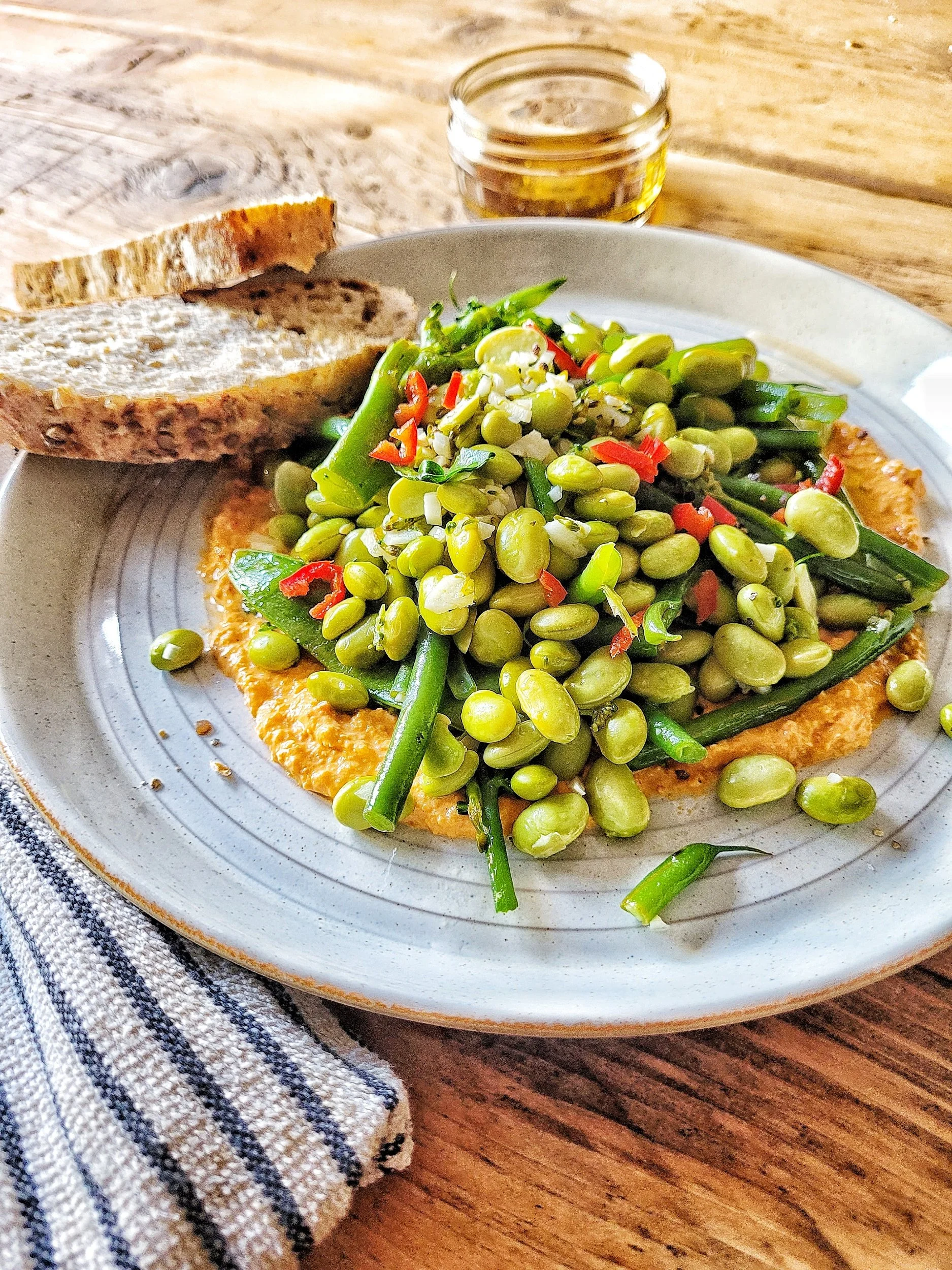 Spring veg and red pepper humous