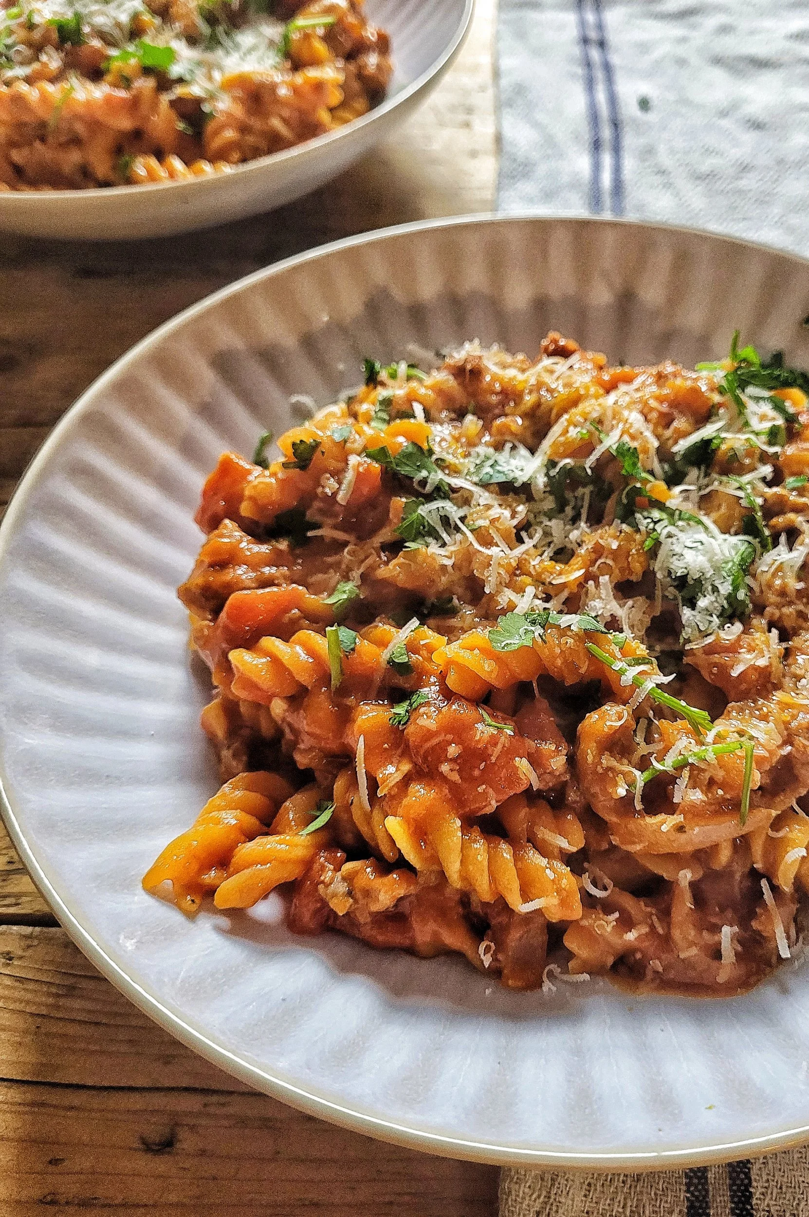 Sausage and chorizo lentil pasta
