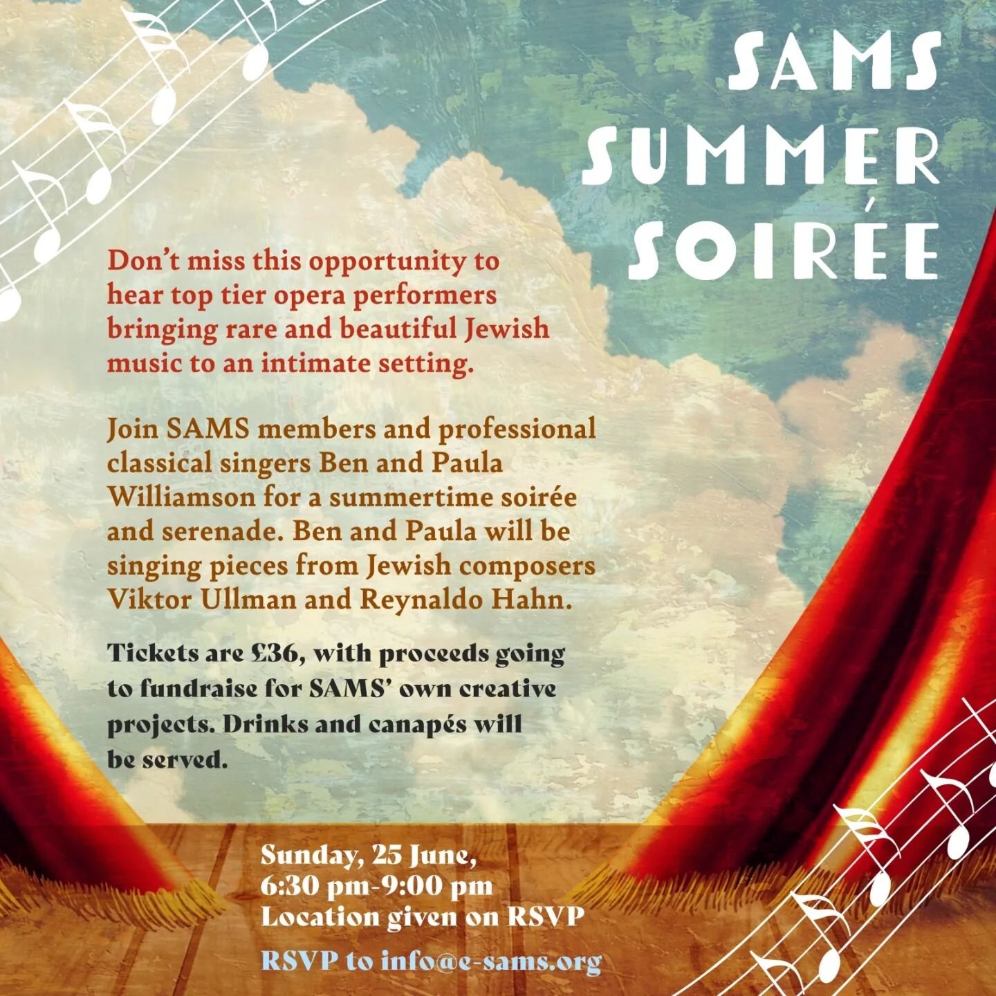 🎶 Very excited to announce something new coming up for SAMS this Summer! 

🎶 We're lucky to have the incredible operatic talents of Ben and Paula Williamson (Sides) for an intimate evening of rare Jewish classical vocal music, bubbly, and of course
