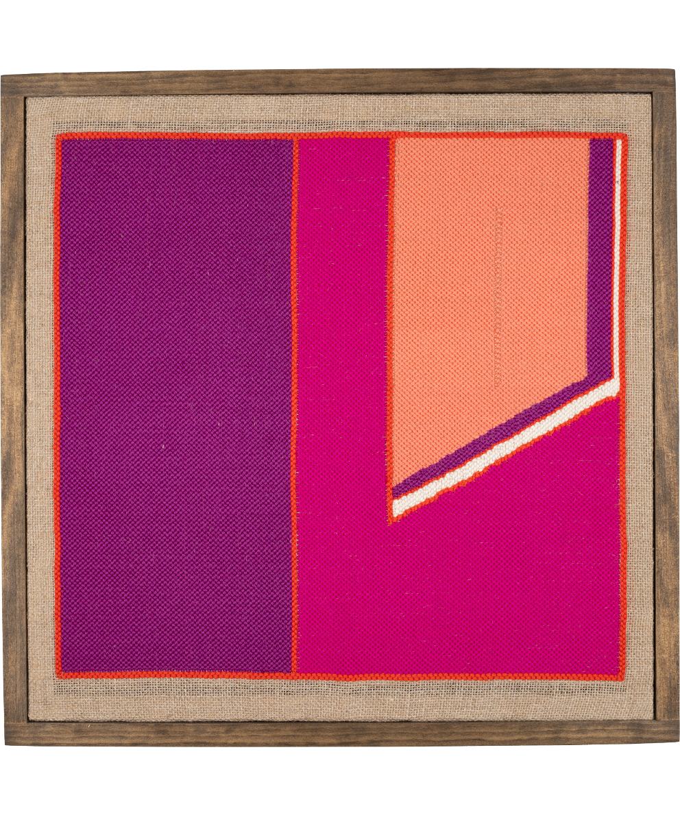 an architectrual, abstract fiber art work rendered in rich pinks and purples